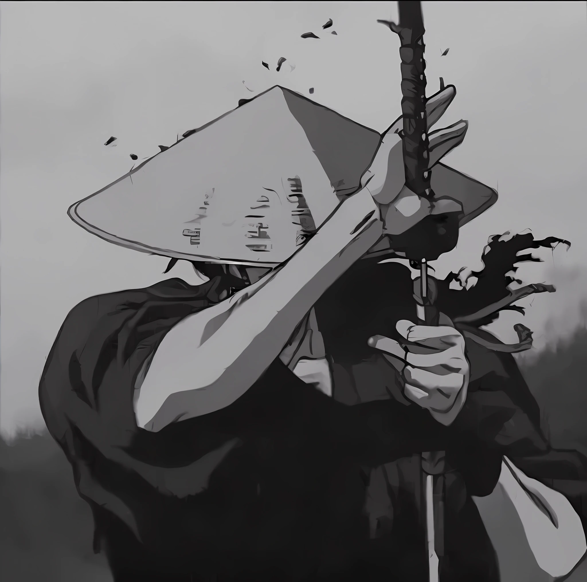 a close up of a person holding a sword in a field, ninja scroll anime style, miyamoto musashi, afro samurai animes style, inspired by Kanō Hōgai, afro samurai anime style, afro samurai style, afro samurai manga style, dramatic wielding katana pose, anime ninja scroll, samurai man vagabond