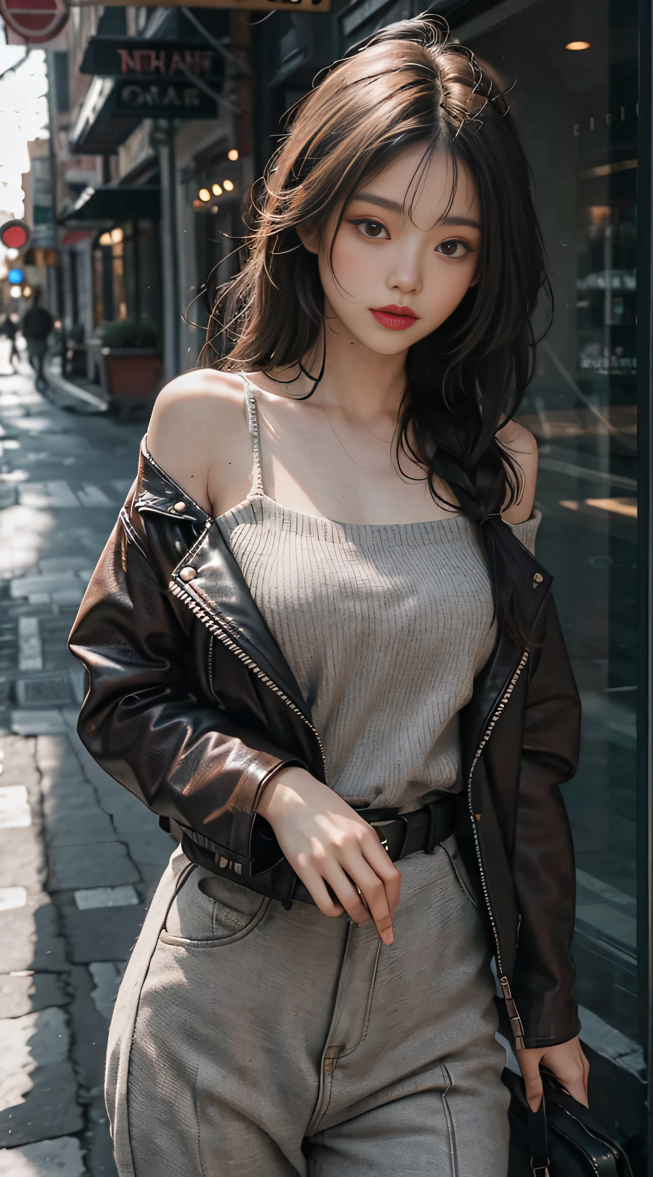 Gray sweater，Extra-long hair，Exposed shoulder，Burgundy，CE leather jacket，