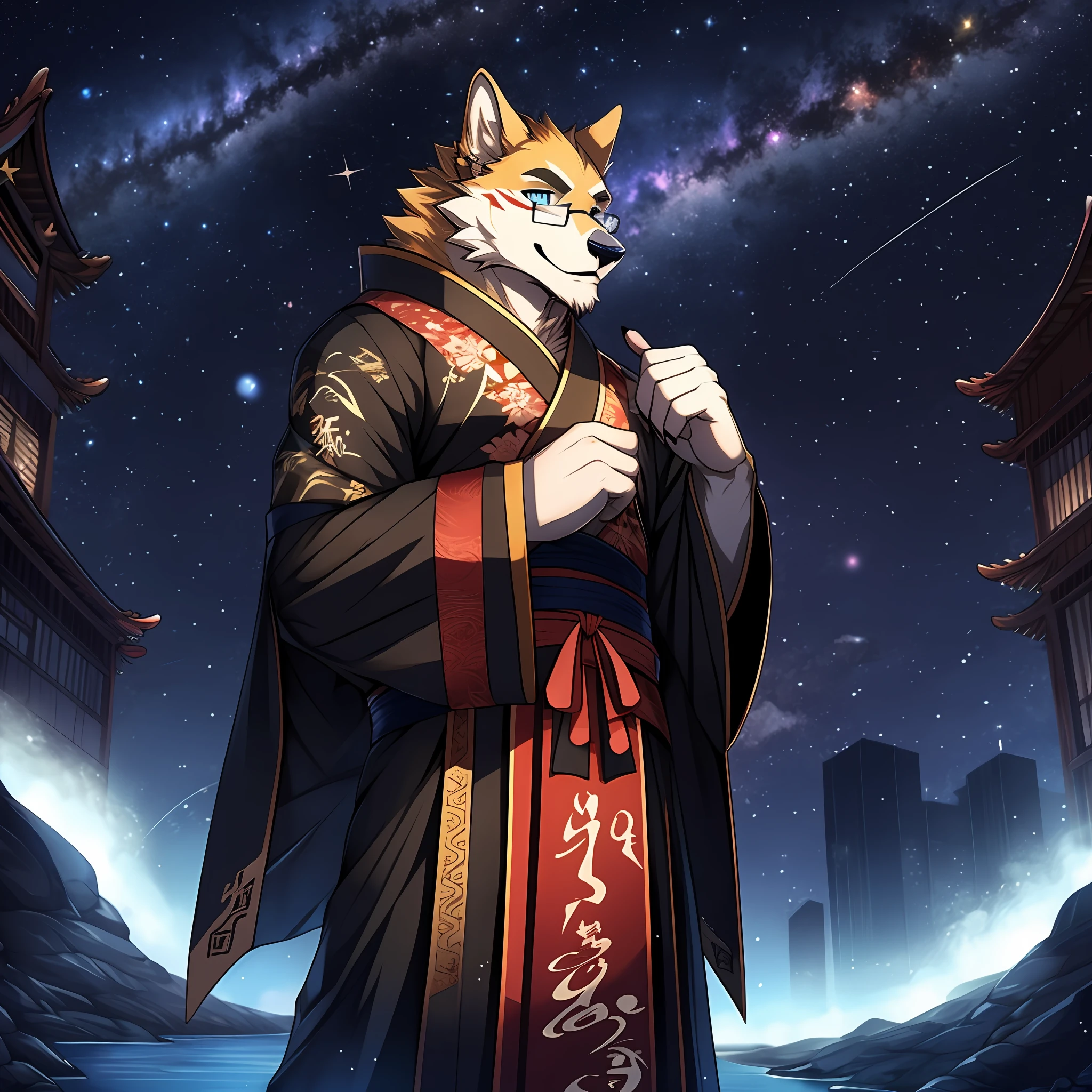 （A golden werewolf with golden fur and glasses stands on a city street under the stars at night：1.2），（male people），Azure pupils，Look at the river of stars in the distance，the corners of your mouth rise slightly，He wears blue ancient Chinese clothing，is an astrologer，He is very fond of astrology，Has a deep love for the stars，He has several dark red stripes on his cheeks，extremy detailed，detailedbackground，Extremely beautiful starry sky background extremely detailed，starrysky，由Null-Ghost:0.7 brought，Handsome，sbeard