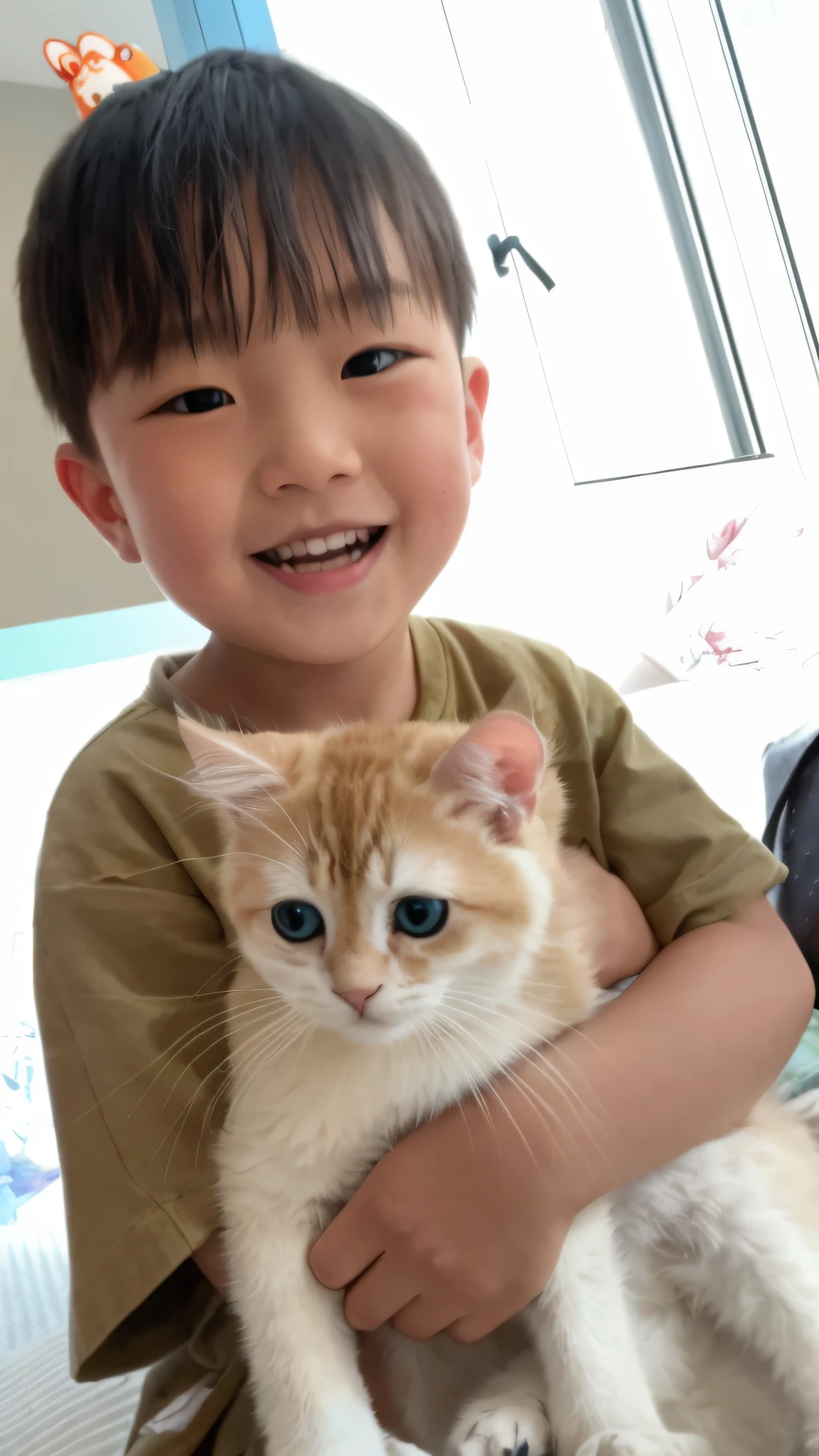 Little boy with a cat in his arms, with small cat on lap, Holding a cat, with a child, with cute doting eyes, ruan jia and brom, Boy with cat ears and tail, super cute and friendly, big cheeks holding her cat, high quality upload, author:Emma Andievska, cute and friendly eyes