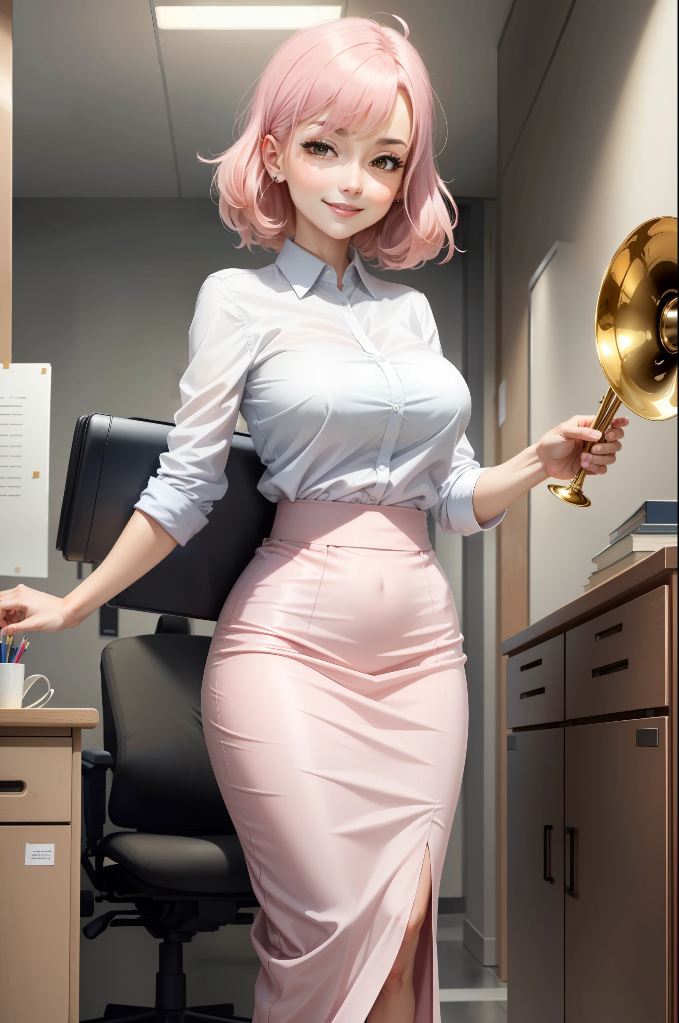 ((masterpiece, best)),(1girl),((mature woman)), light pink hair, dizzy, trumpet, ((office lady)), bangs, mid-chest, (full), slim, smiling, [wide hips] , office, standing, aru \(blue archive\),