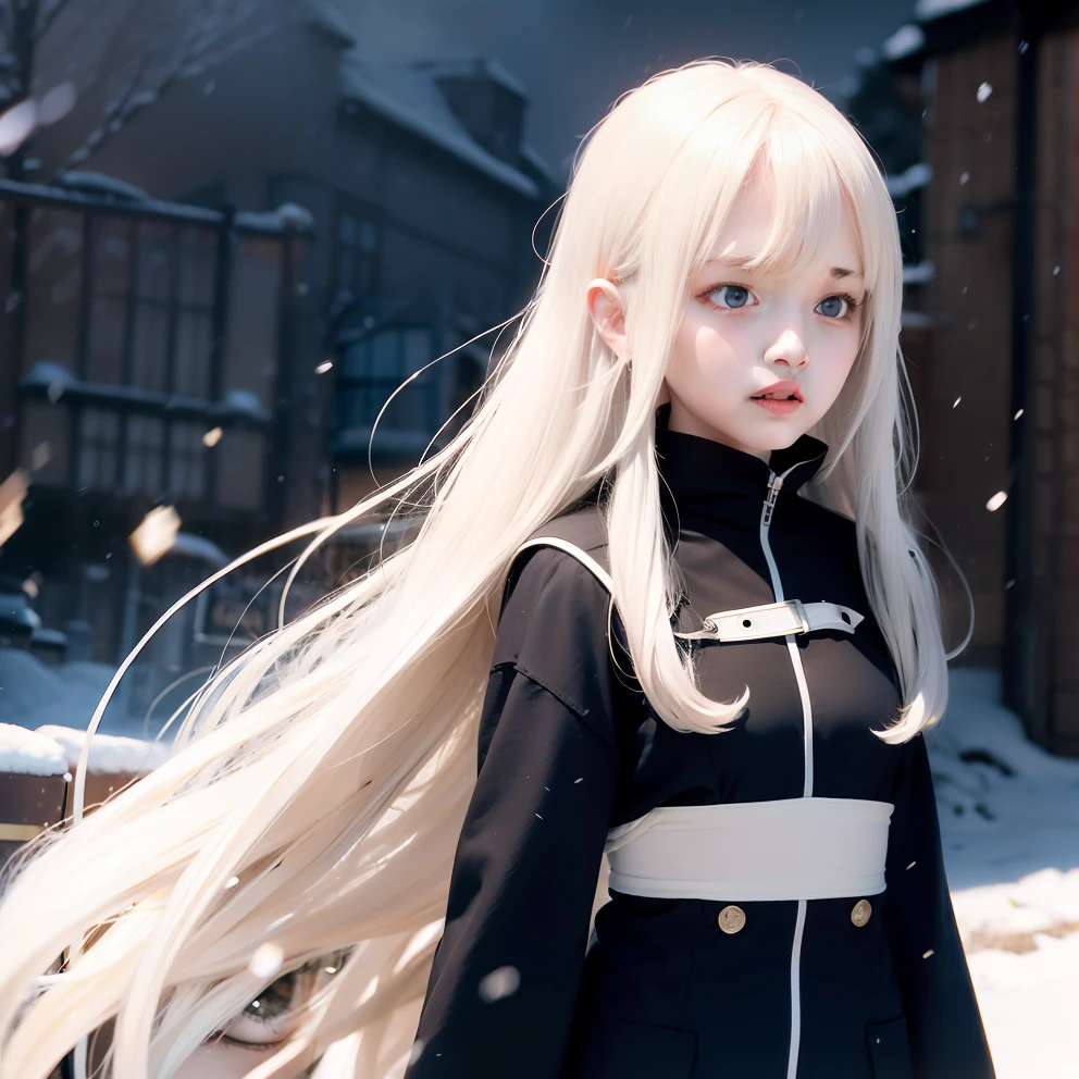 The girl's long silky white hair was blown into the air by the wind and snow,The girl dragged her thin body forward,Firm blue pupils look into the distance