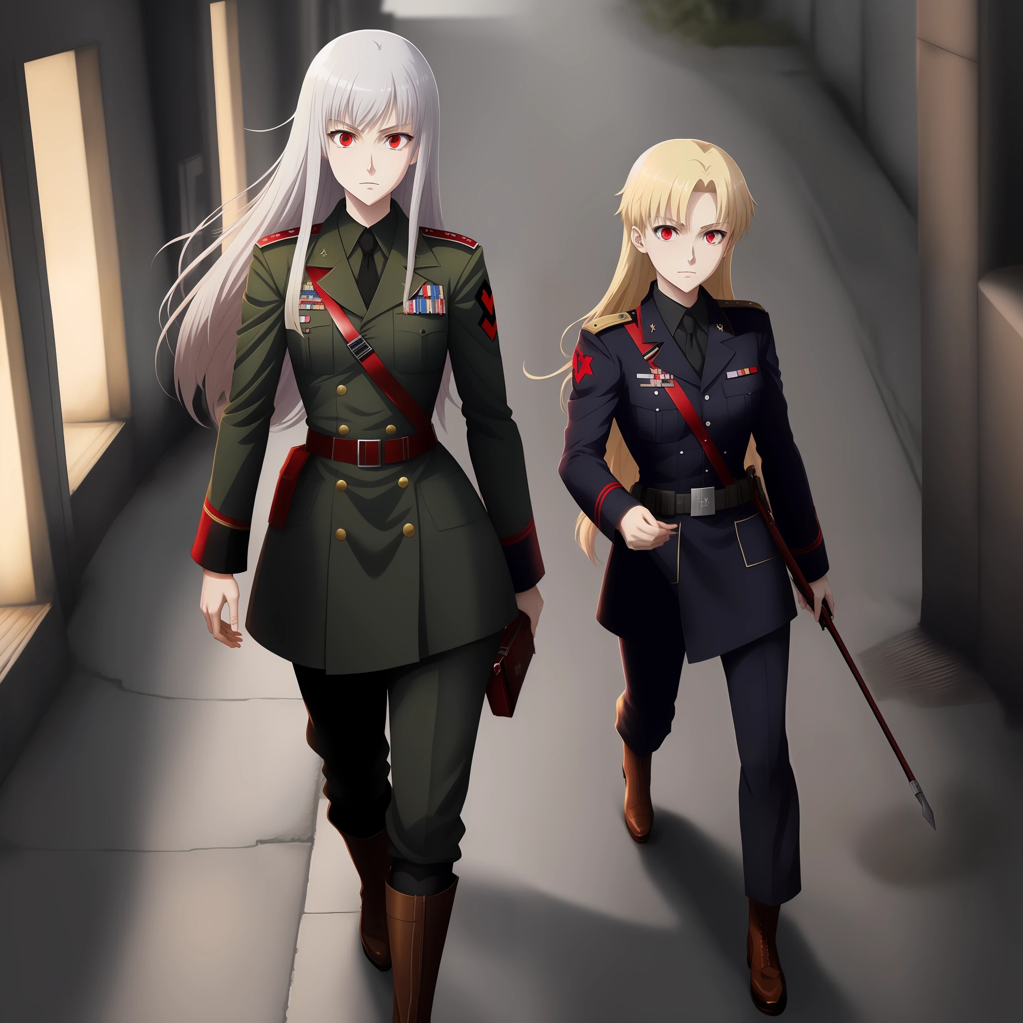 German-style military uniform,world war 2，army suit，Deutsche，Nazi，German Third Reich，Commander，Generals，thedemongirl，luminous red eyes，Demon anime，anime style like fate/stay night，Anime shoujo protagonist，solo person，whaite hair，hair straight，Long, waist-length hair