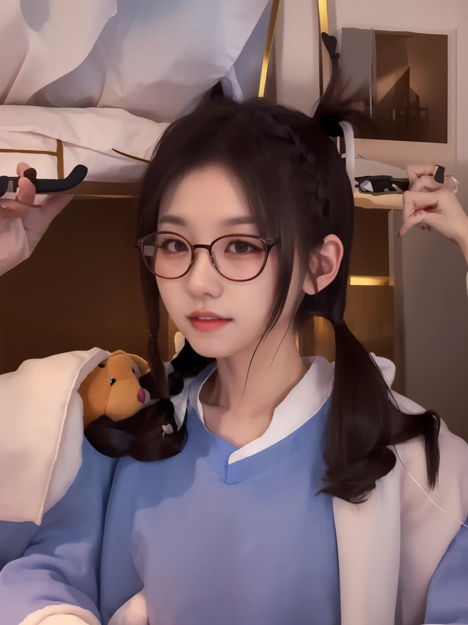 There is a woman sitting on the bed having,Holding a stuffed animal in his hand, With long hair, Wide forehead, braid hairstyle, Twin tail hairstyle, xintong chen, two pigtails hairstyle, yanjun cheng, she has two ponytails, Ruan cute vtuber, with black pigtails, low quality video, wearing small round glasses, Li Zixin, chiho
