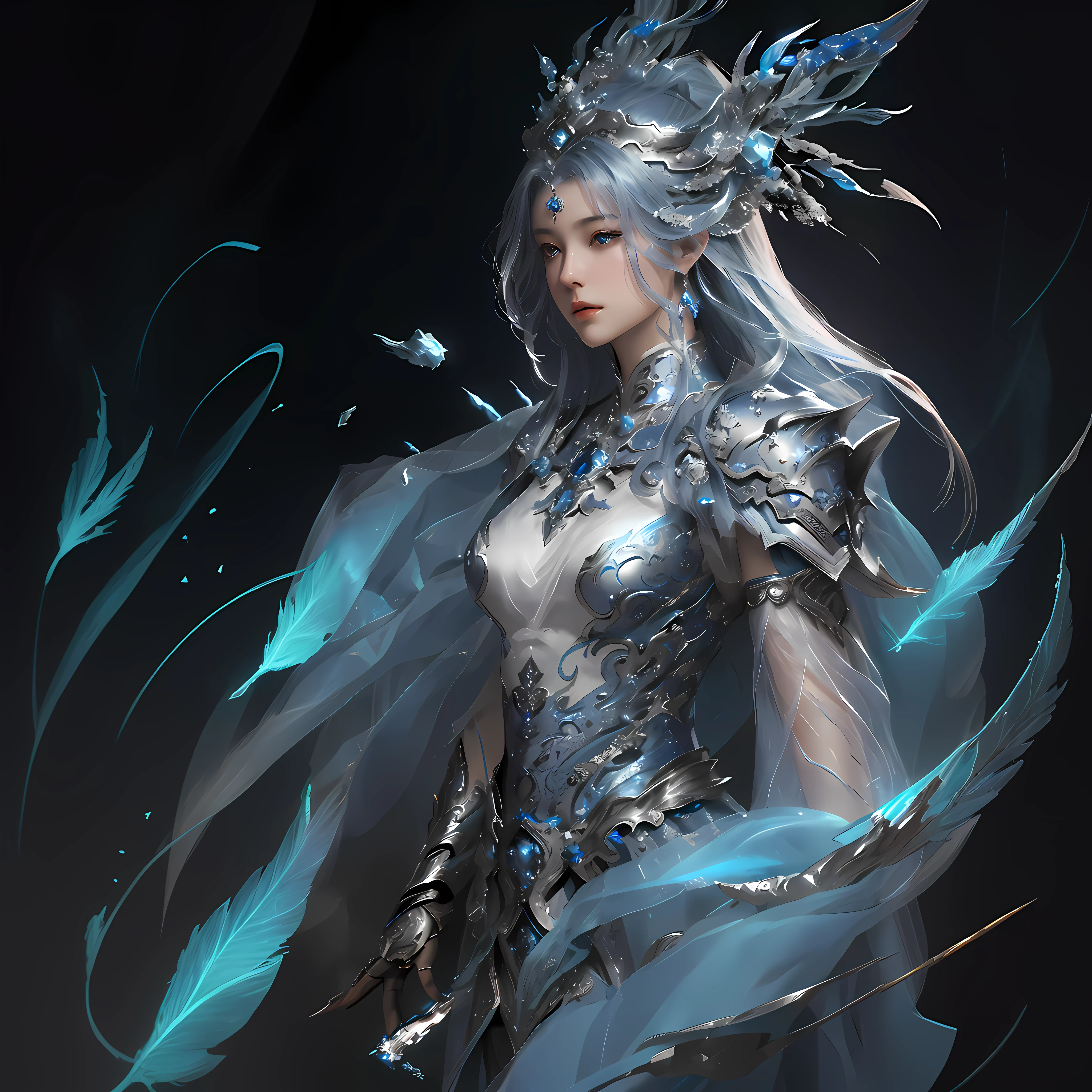 wearing silver dress,Arad woman with blue feathers and cloak, chengwei pan on artstation, epic exquisite character art, Stunning character art, detailed fantasy art, detailed fantasy digital art, Fanart Meilleure ArtStation, by Yang J, Detailed digital 2D fantasy art, 2. 5 D CGI anime fantasy artwork, cgsociety and fenghua zhong