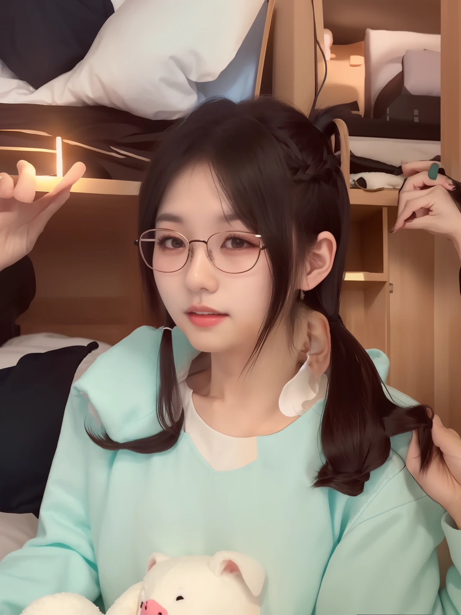 There is a woman sitting on the bed having,Holding a stuffed animal in his hand, With long hair, Wide forehead, braid hairstyle, Twin tail hairstyle, xintong chen, two pigtails hairstyle, yanjun cheng, she has two ponytails, Ruan cute vtuber, with black pigtails, low quality video, wearing small round glasses, Li Zixin, chiho