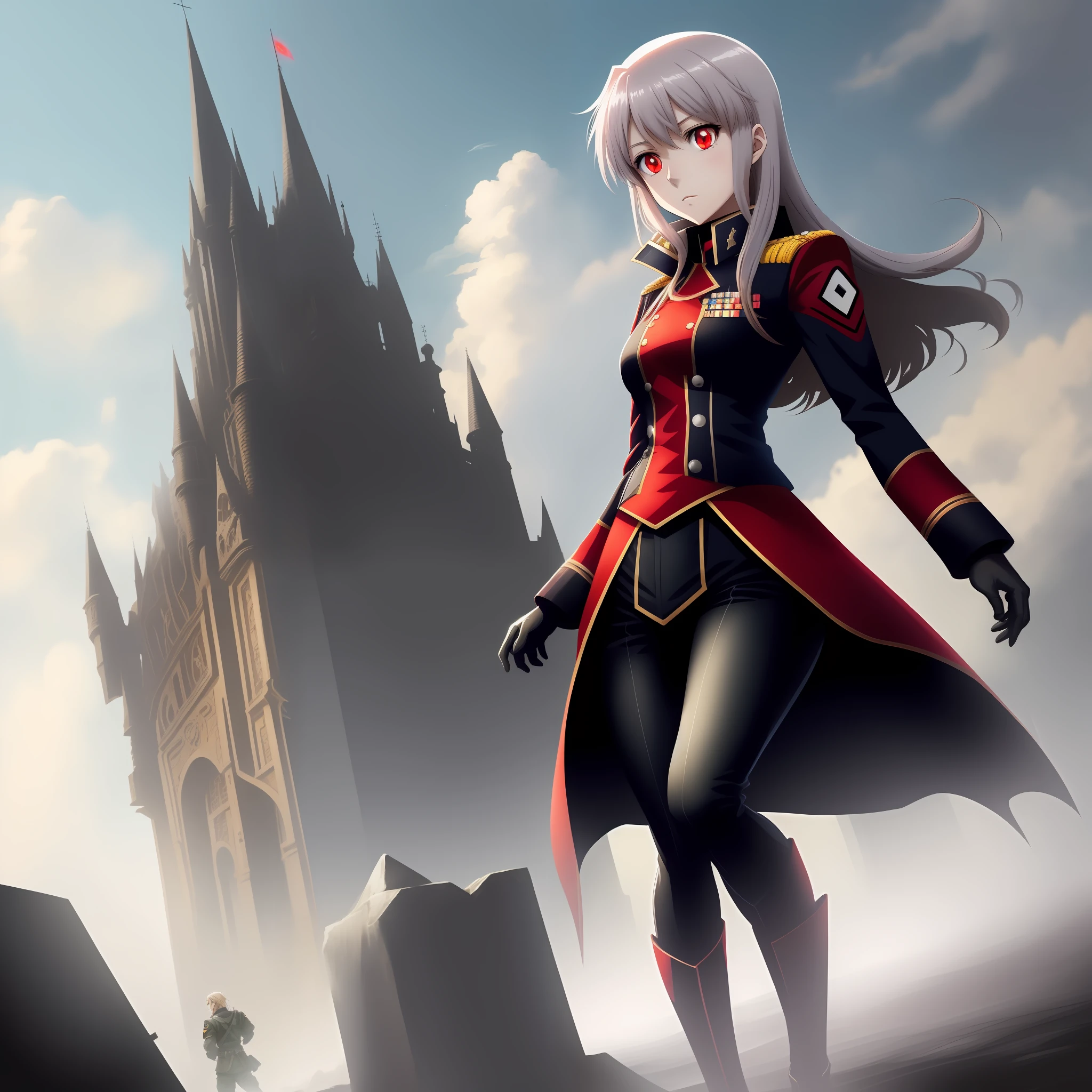 German-style military uniform,world war 2，army suit，Deutsche，Nazi，German Third Reich，Commander，Generals，thedemongirl，luminous red eyes，Demon anime，anime style like fate/stay night，Anime shoujo protagonist，solo person，whaite hair，hair straight，Long, waist-length hair