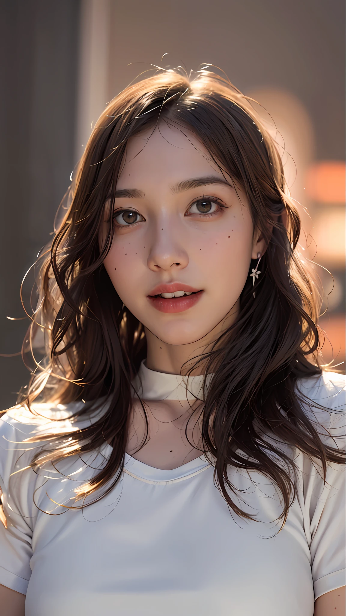 (8k, RAW photos,best quality, high resolution:1.1), (hyperrealistic:1.4),(realistic, photorealistic:1.3), soft light,big breasts,girl,realistic face,realistic body,realistic skin,absurdity,masterpiece,(cute:1.8), cuties, solo, (big breasts:1.2), detailed black eyes,innocent eyes,blusher,(t-shirt:1.2), cinema light,film grain,jewelry,earrings,((Medium hair:1.1)),((Floating Hair Novafrog Style)),cherry colored lips,hair ribbon,hair bow,ponytail,closeup,look viewer,long hair,upper body,open lips,upper teeth, (smiling eyes:0.6),((grinning:1.2)),depth of field, blurred background, eye focus, Bokeh,Young, 85mm Lens, f/1.4,Professional Lighting, Young,Portrait,Photon Mapping,Radiosity,Physically Based Rendering,No Bra