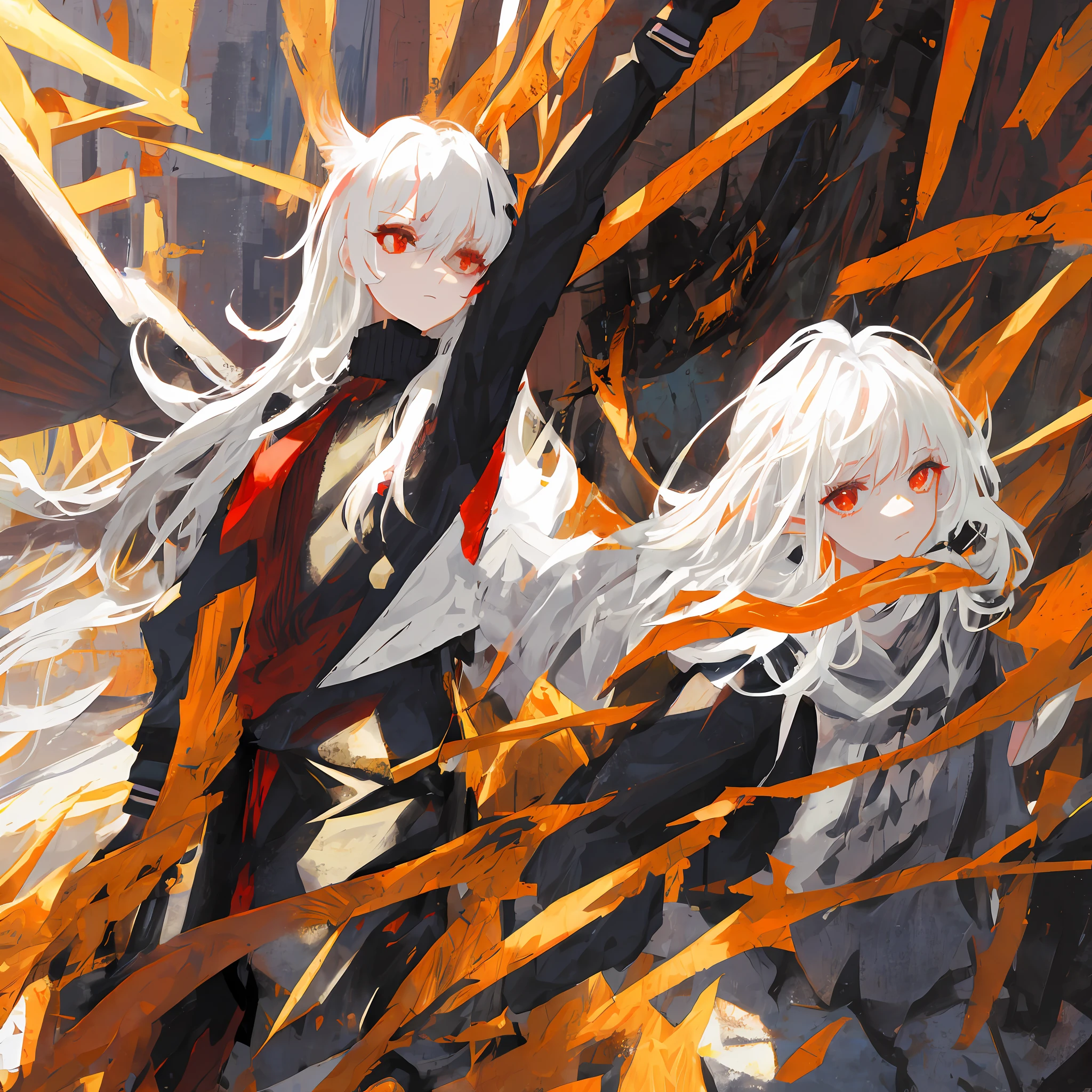 White-haired, Red-eye adventurer style, Long-eared combat damage, Beautiful girl beauty in the canyon