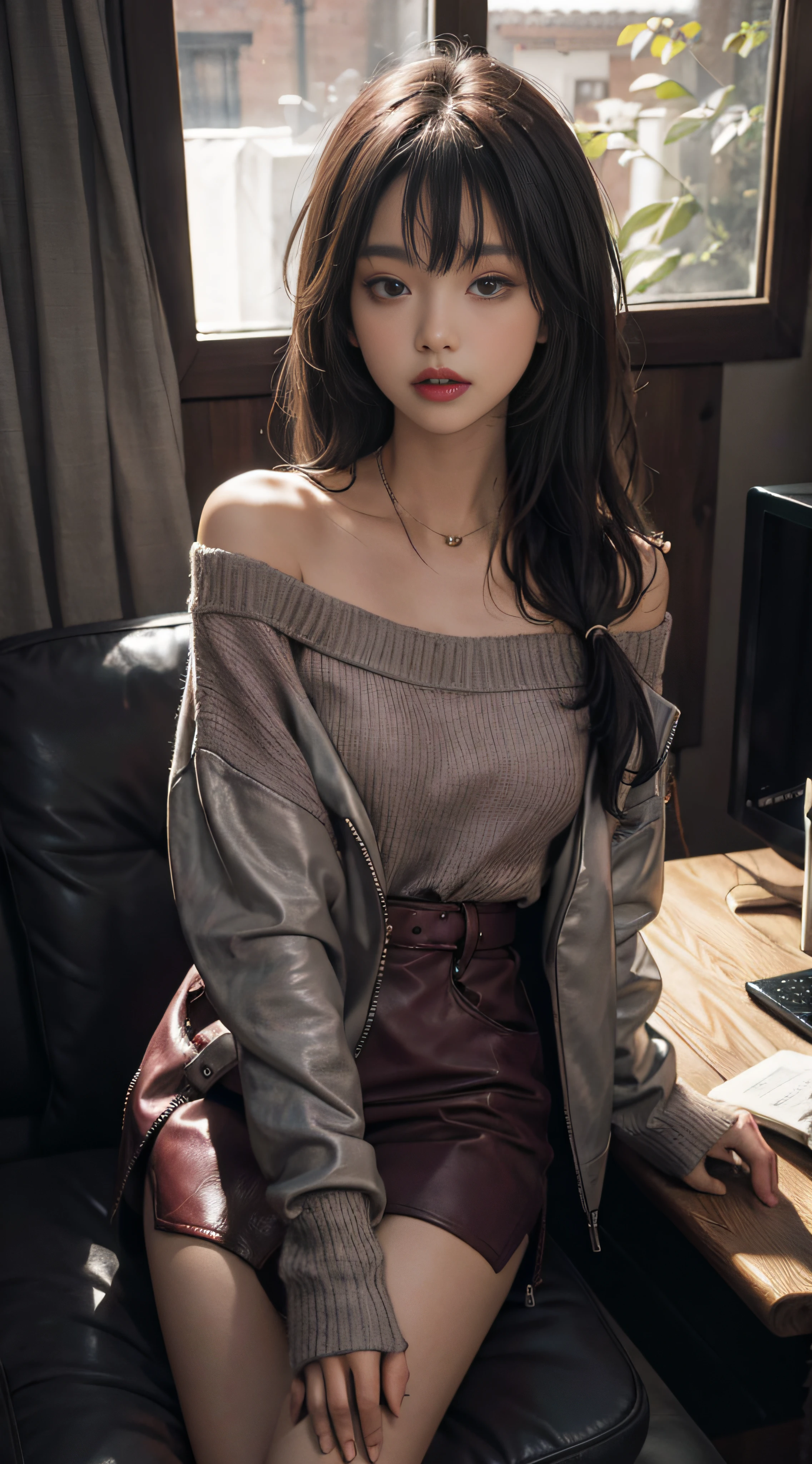 Gray sweater，Extra-long hair，Exposed shoulder，Burgundy，CE leather jacket，