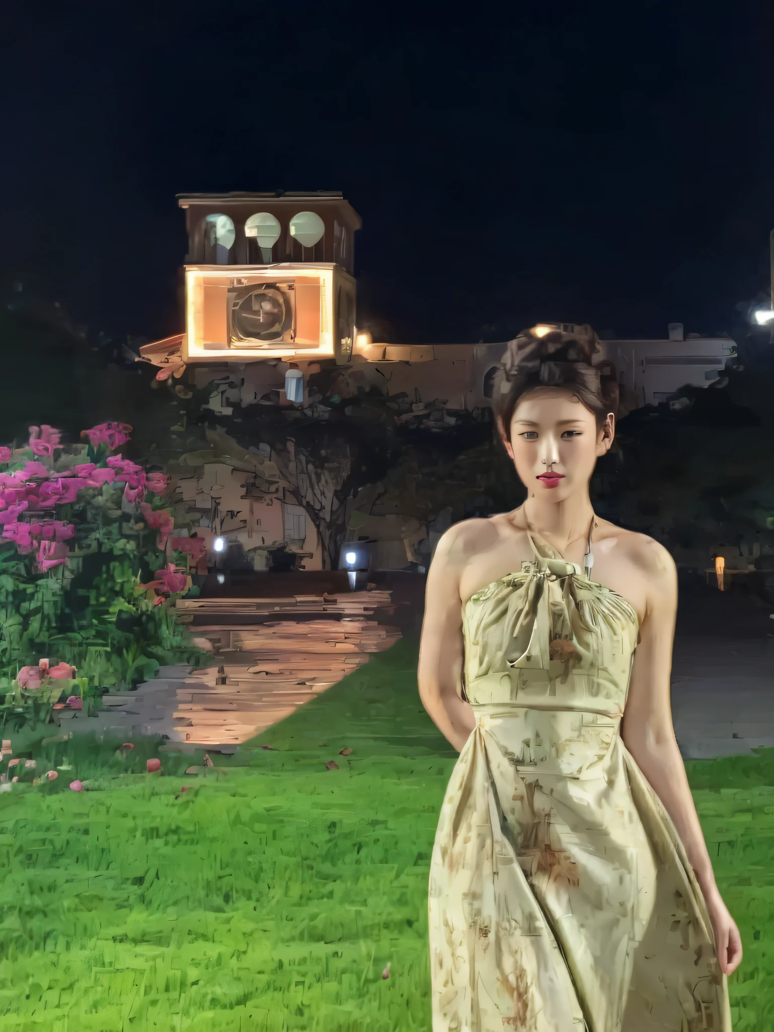 arafed woman in a dress standing in a grassy area, Muscular very developed,big breasts beautiful,prette,Korean girls --auto