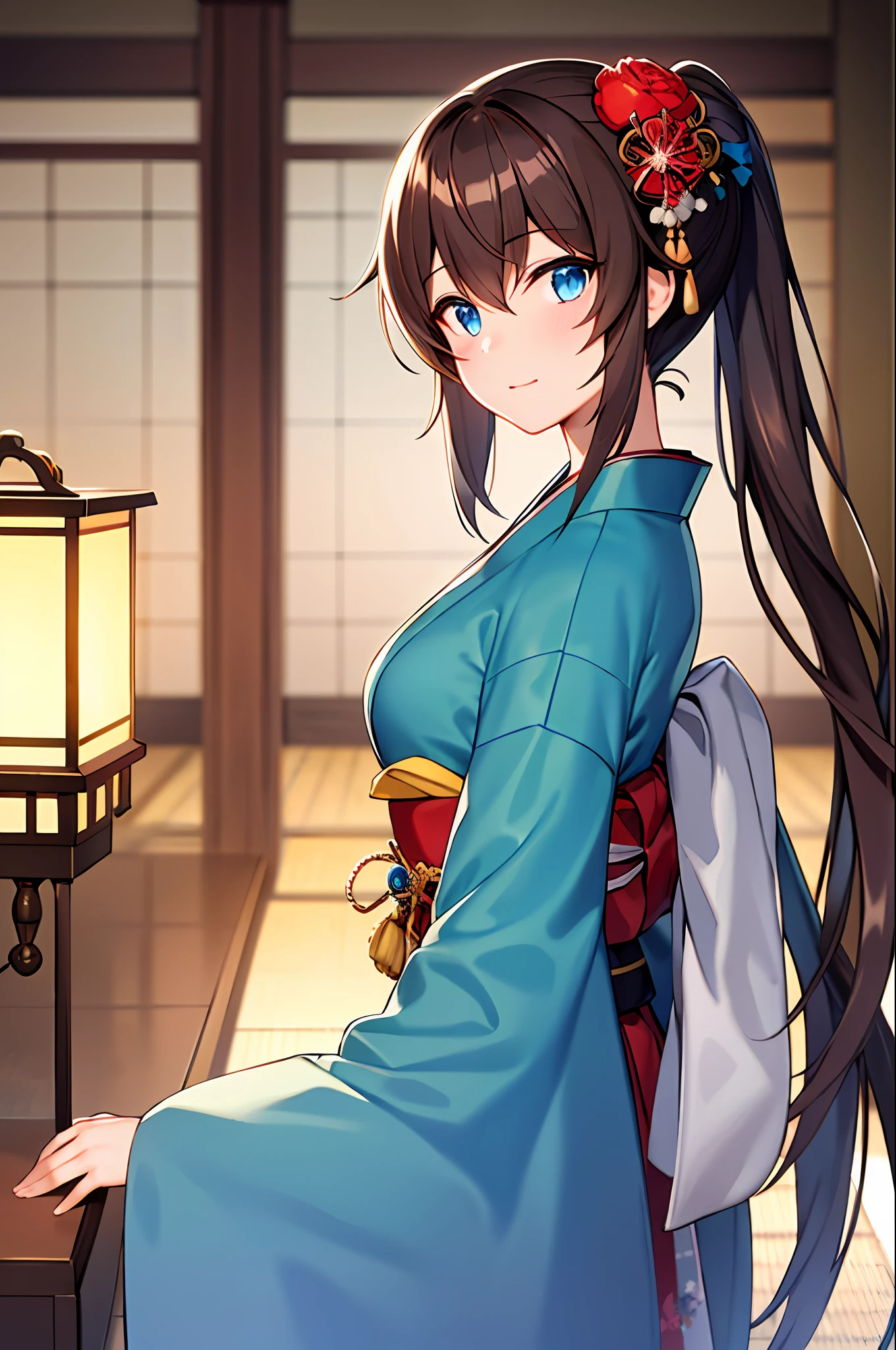 masterpiece, best quality, ultra-detailed, illustration, warm lighting, bright colors, 1girl,solo, long hair, very long hair, chifuyu,

brown hair, blue eyes, pony tail, hair ornament, hair_flower, 

japanese clothes, japan, japanese clothes,