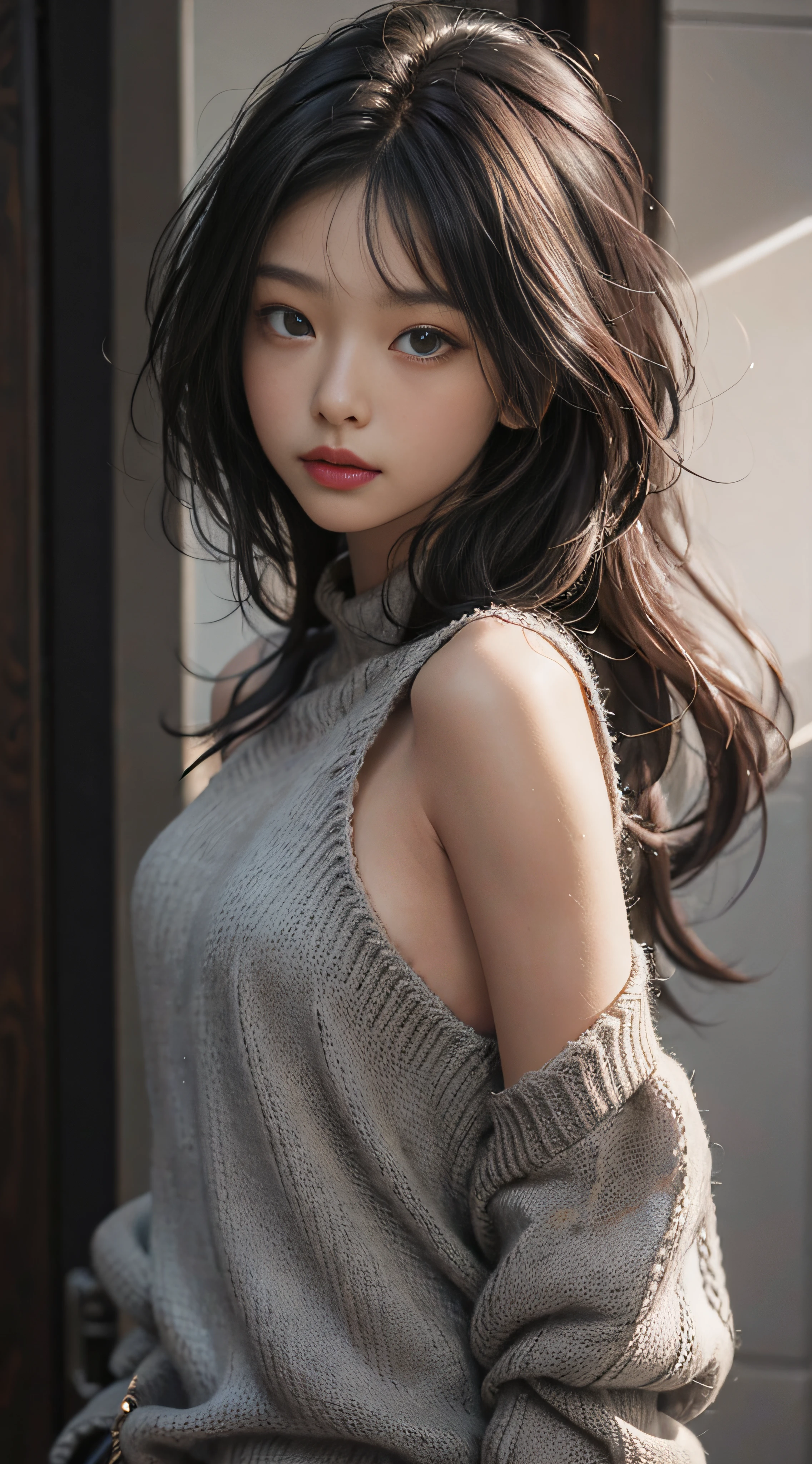 Lambskin,Gray sweater,Extra-long hair,Exposed shoulder,