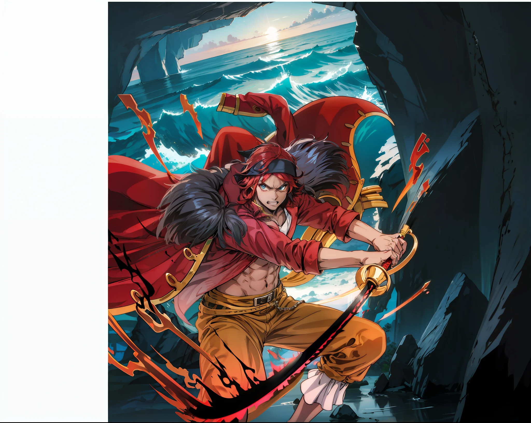 homen: Dark-skinned pirate dressed in red coat and a red hatholding a sword