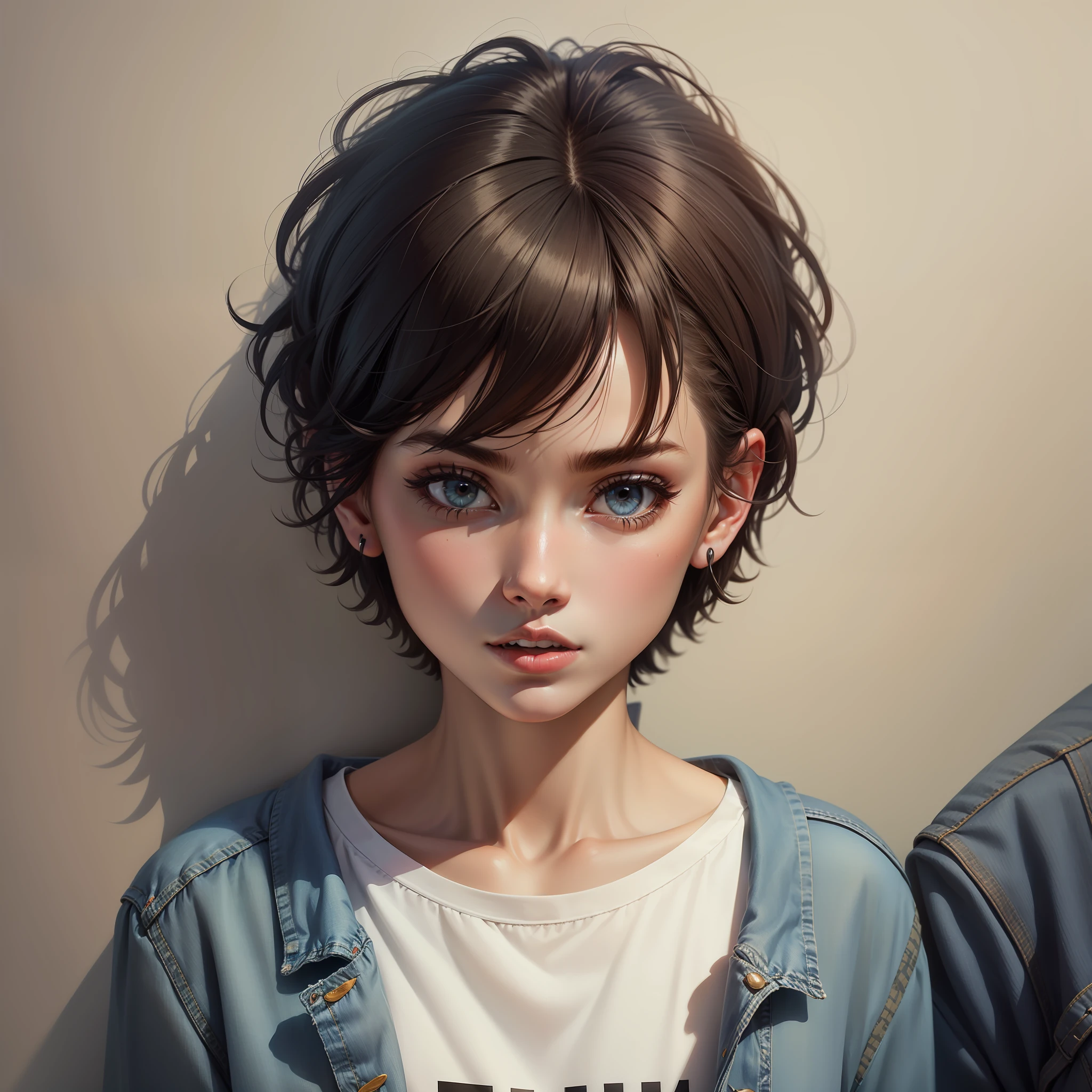 One was wearing a T-shirt and jeans，A woman with short hair over her ears