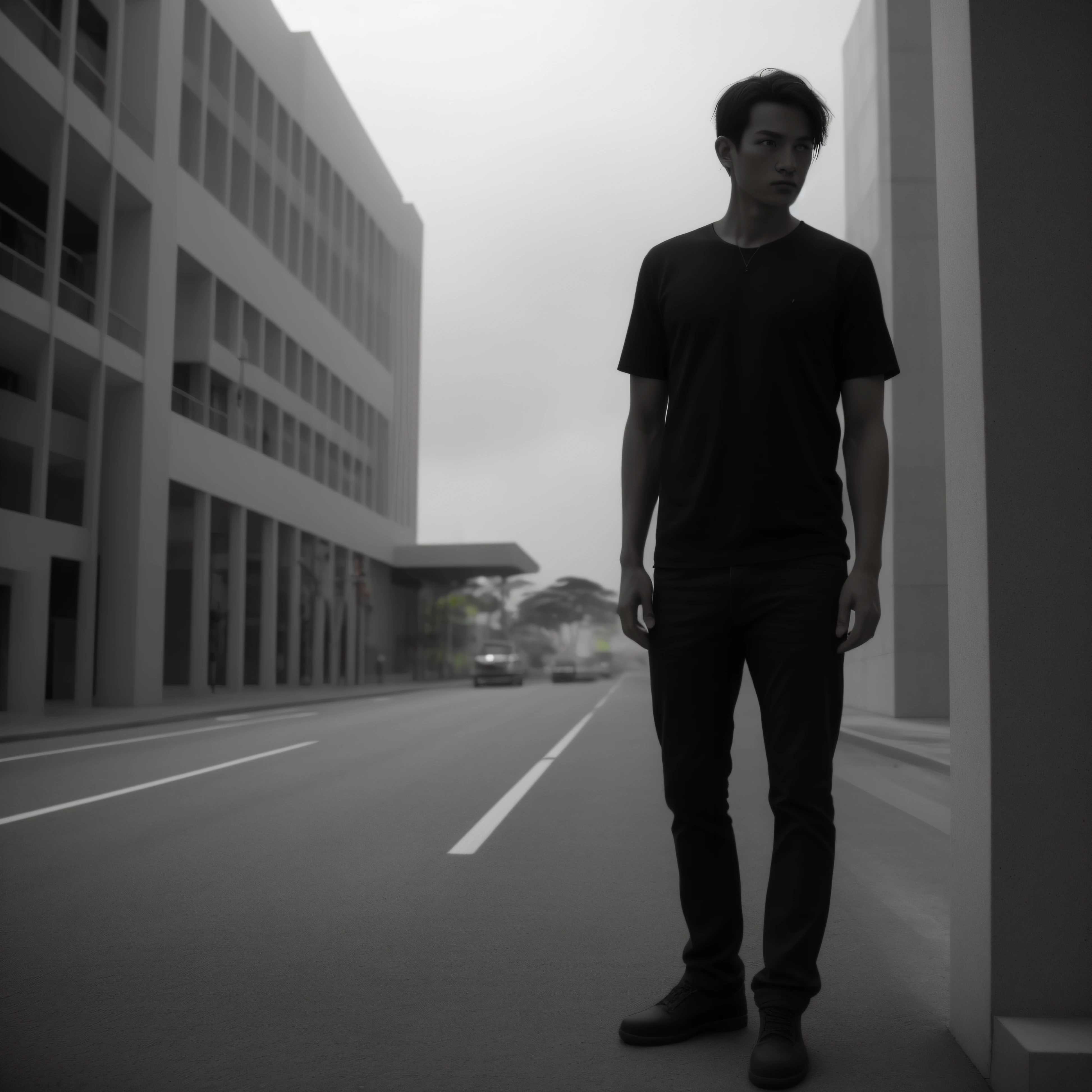 "Um homem magro e humilde, vestindo roupas leves, stands in Singapore with his hands in his pockets. De frente para uma rodovia movimentada, ele olha para cima, cego. Adicione um tom quente, Desaturated colors and diffuse lighting for an emotive and melancholic scene."