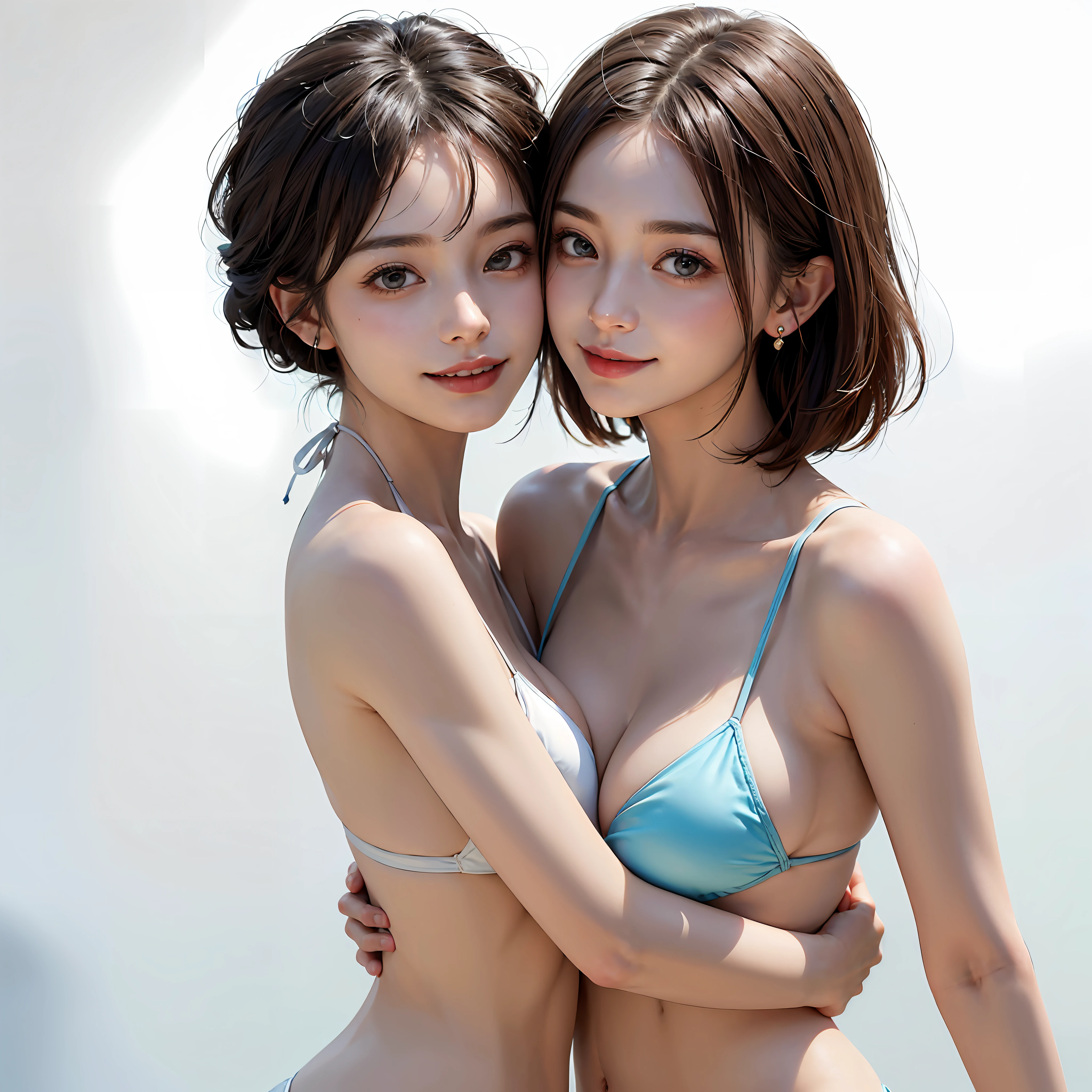 Two people happily cuddling with their backs to each other、Two people happily cuddling together、Two people back to back、Both of them stare intently at the camera、Lesbian couple、Lily couple、((Two happy people))、Two pretty and pretty girls、masterpiece、top-quality、realisticlying、realisitic、Seductive bright smile、Both of them have short clean hair with bangs、Both have short hair、clean hair with bangs、The bikini、(Very small bikini)、enticing eyes、Both have very large breasts、very Bigger breasts、(cleavage of the breast)、(Immaculate white background with nothing really)、(24 year old)、ighly detailed、tall、neck long、Straighten your back、Put your ears out、Highlights in the eyes、lipgloss、glowy skin、White-colored skin、Clean collarbone、closes mouth、Close your mouth and smile、Happily、Nice proportions、lovely、Charming and endearing、Bikini in colorful random colors
