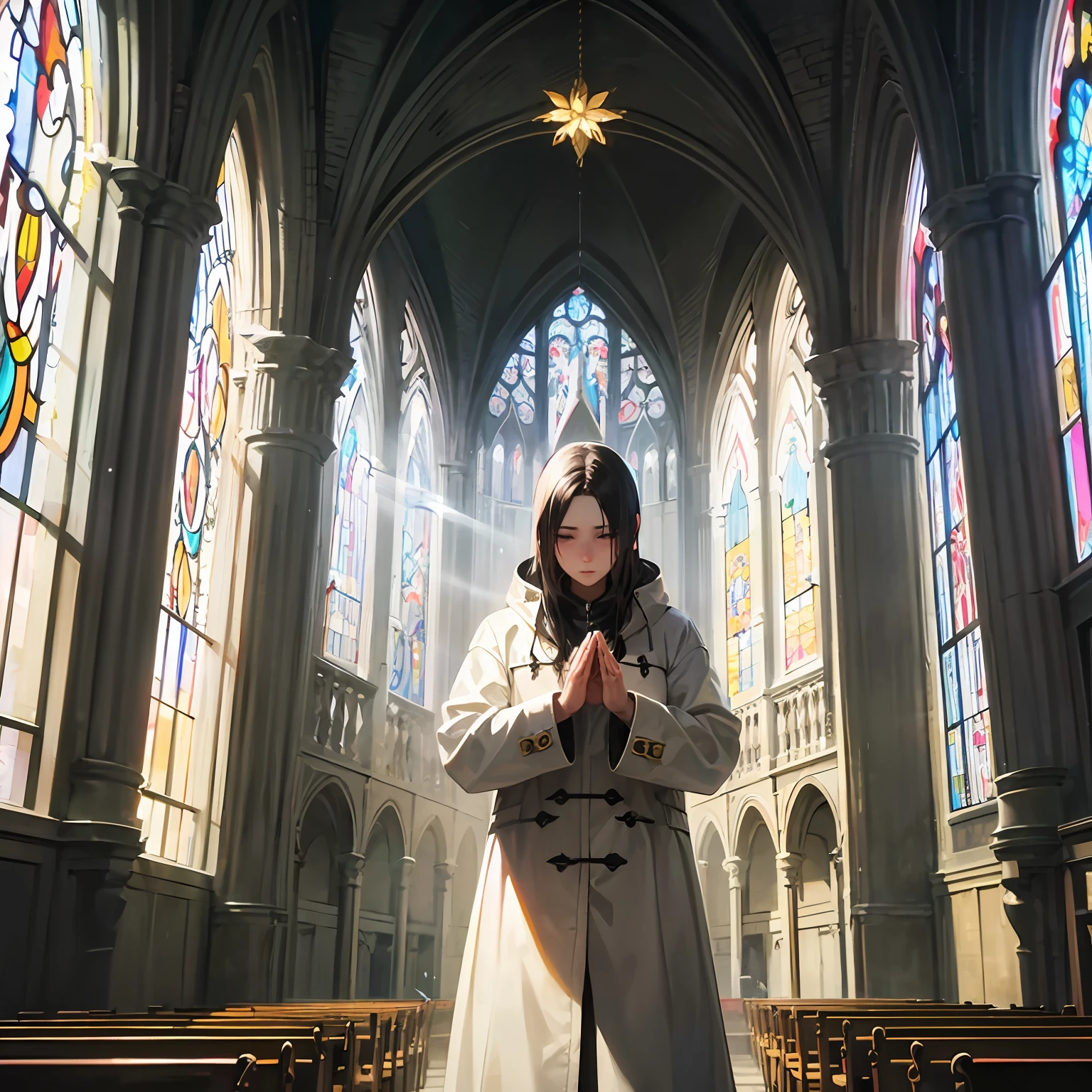 Extremely beautiful CG，Thick coat，Western fantasy style，cathedrals，The saint in white prays religiously，had his hands folded，Bow your head slightly，Sacred stained glass reflects sunlight，Pigeons spread their wings and bring hope