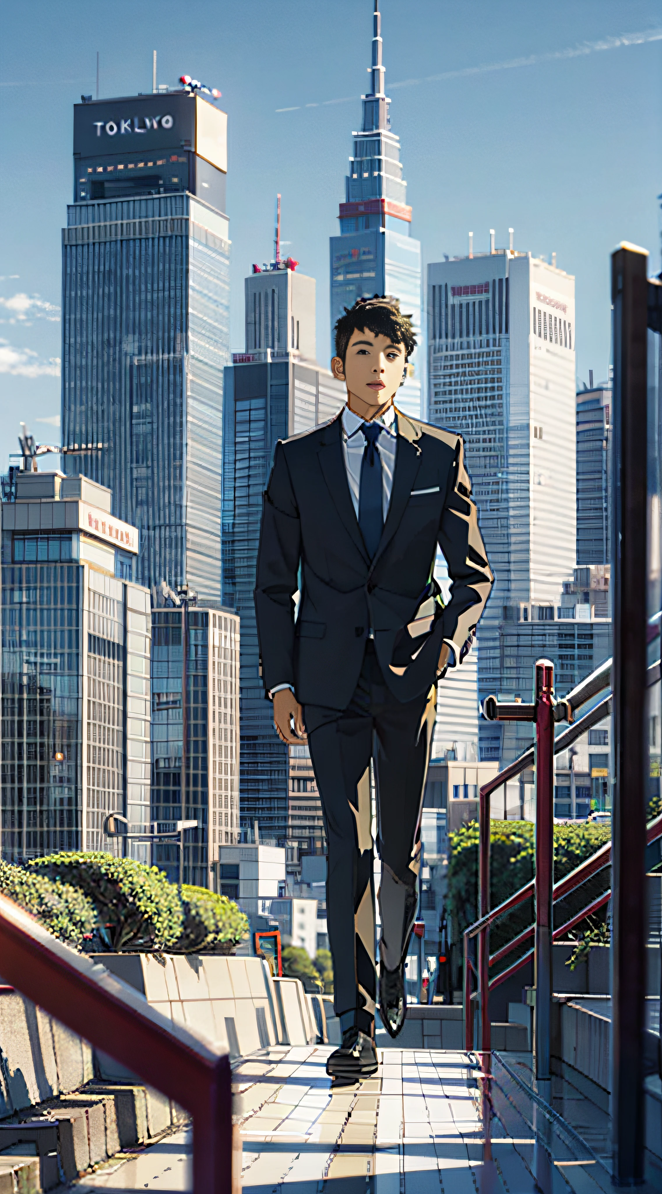 Young businessman walking in the skyscraper district of Tokyo