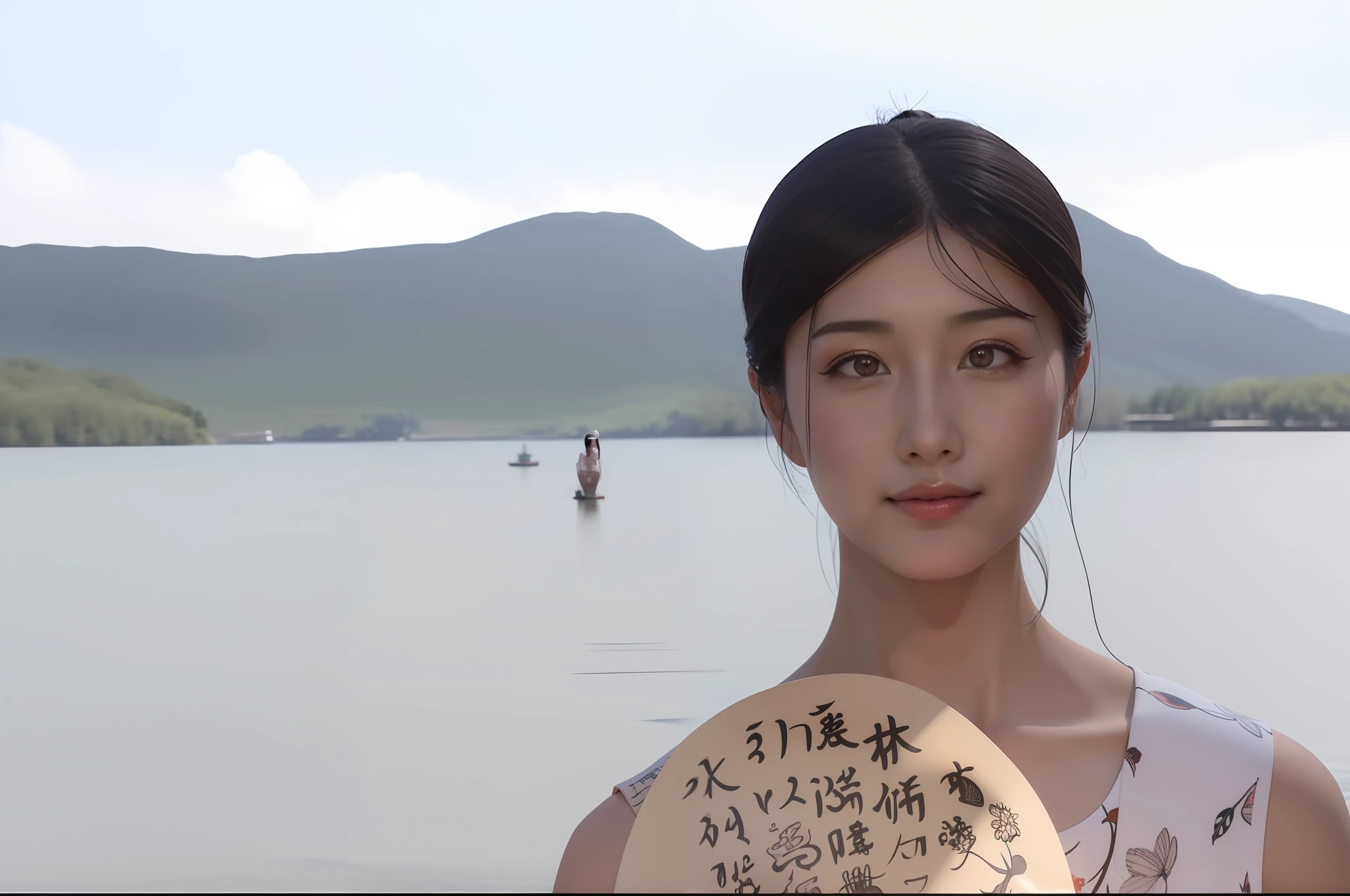 Allafard Asian woman holding a fan in front of the lake, queen of the sea mu yanling, inspired by Ma Yuanyu, hyperrealist portrait in a river, Realistic. Cheng Yi, Inspired by Tang Yifen, sakimichan hdri, 8k selfie photograph, 3 d anime realistic, japonisme 3 d 8 k ultra detailed