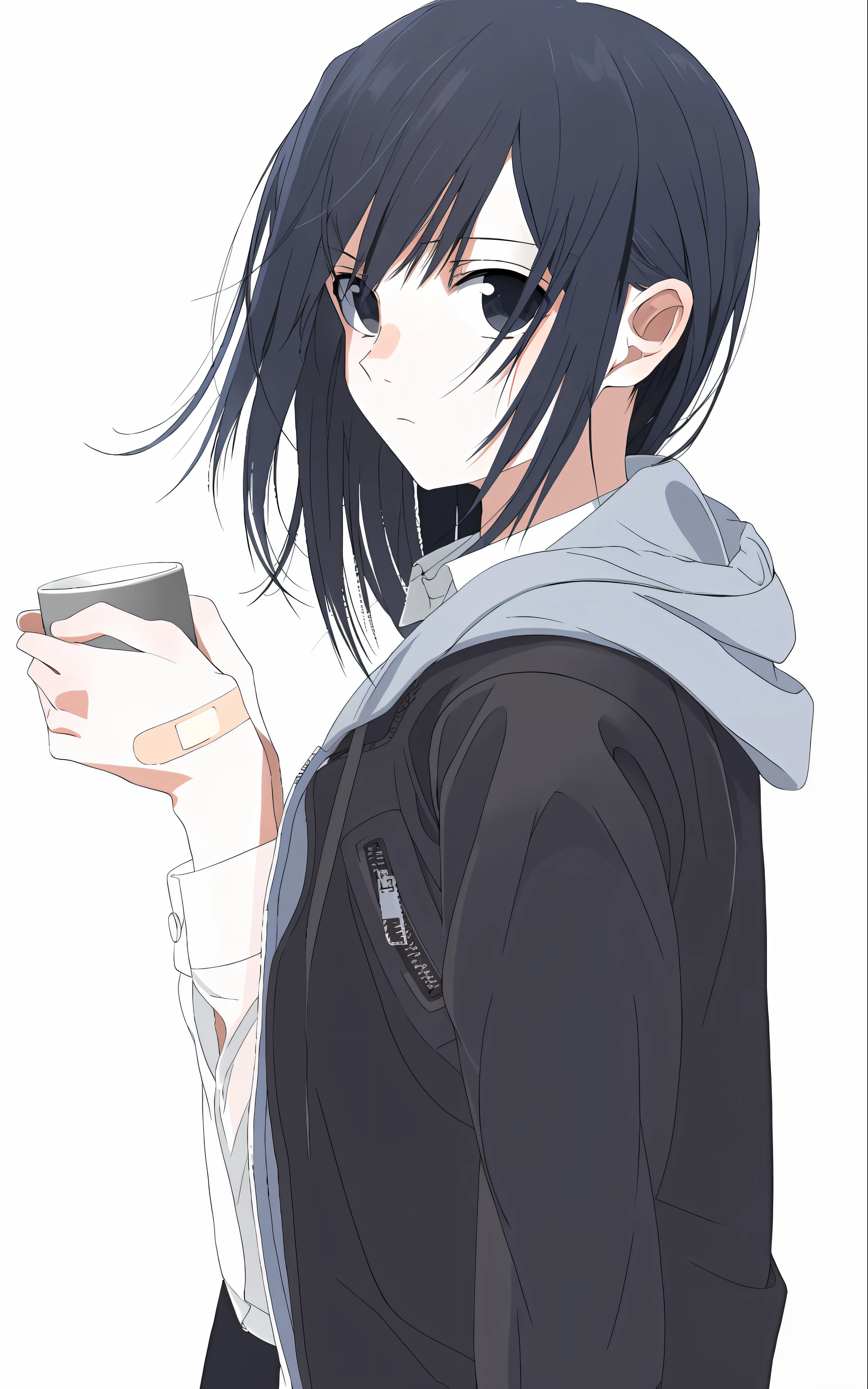 Black hair blue eyes anime girl, black haired girl wearing hoodie, anime girls drink Energy drink, anime moe art style, (Anime girl), anime girl profile, author:Hosomura Kane, anime visual of a cute girl, An anime girl, sui ishida with black hair, clean and meticulous anime style, up of young anime girl, Anime girl