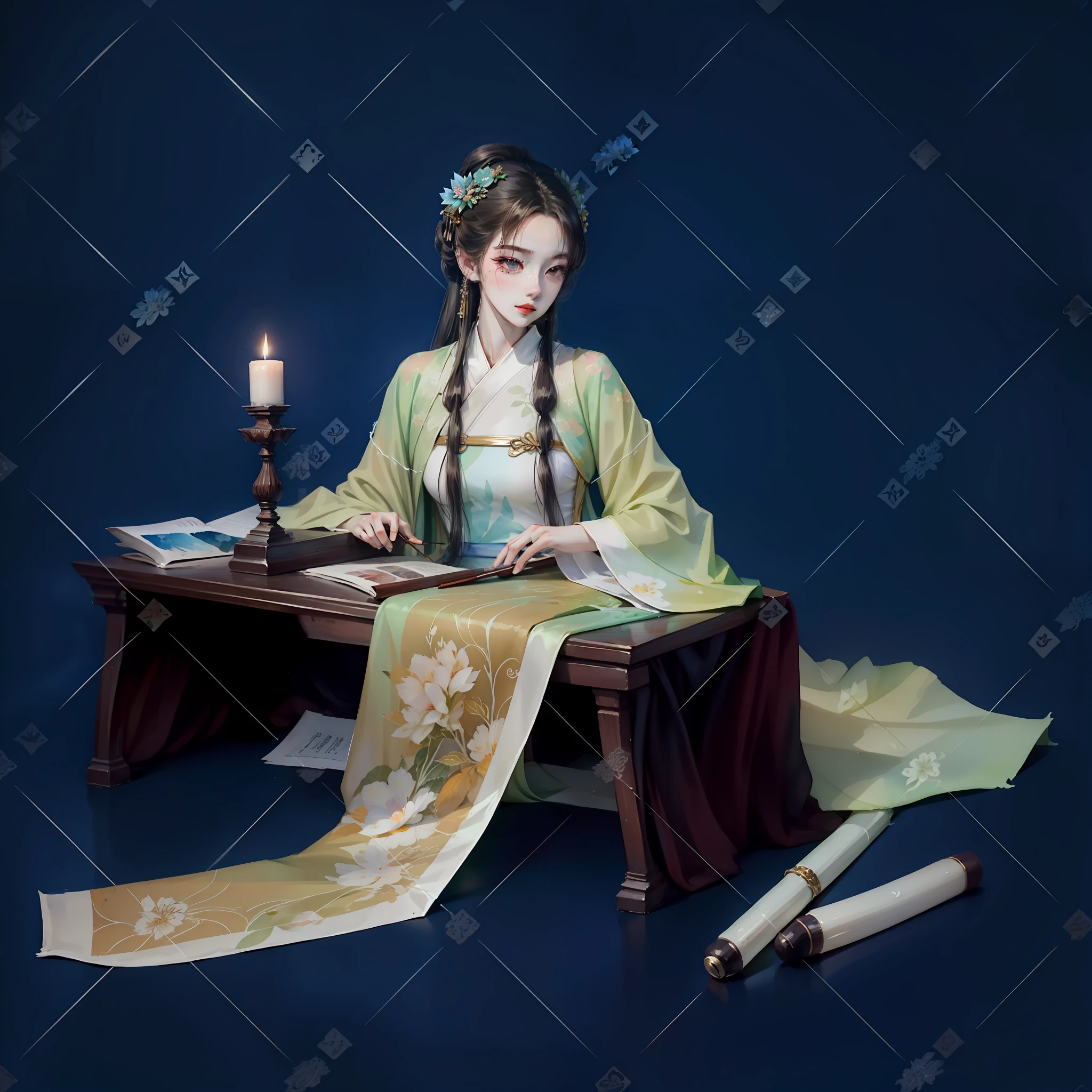 aquarelle，brightly，Green Hanfu