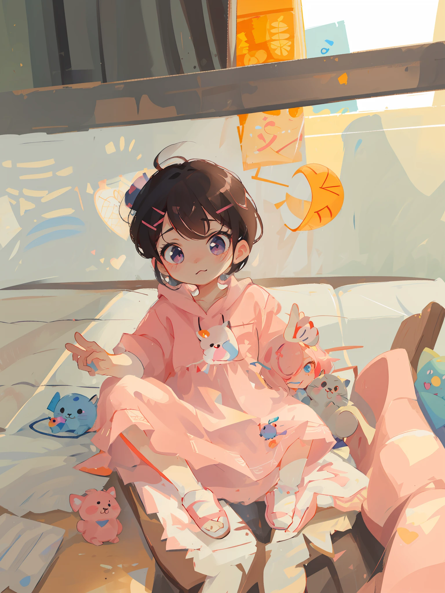 There was a girl sitting on the bed dressed in pink, toddle, Children Cartoon Cwan adorable korean face, , Adorable, cute kawaii girls, Love cute art style,Lovely detailed artwork,lovely digital painting,Short of full-body portraits!a beautiful artwork illustration