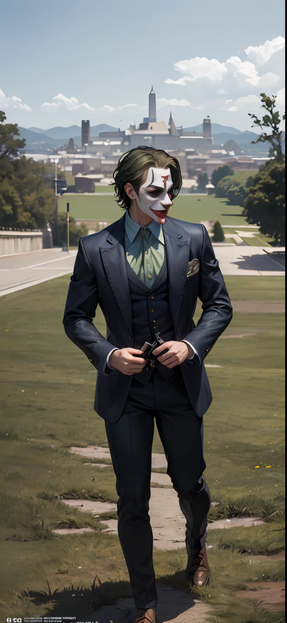 (8k, RAW photo, best quality, masterpiece:1.2), ultra detailed, official art, photo-realistic:1.37, upper body shot, DC Joker, film grain, action pose