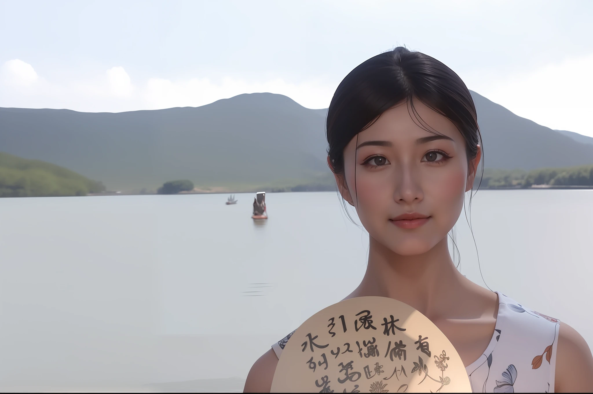 Allafard Asian woman holding a fan in front of the lake, queen of the sea mu yanling, inspired by Ma Yuanyu, hyperrealist portrait in a river, Realistic. Cheng Yi, Inspired by Tang Yifen, sakimichan hdri, 8k selfie photograph, 3 d anime realistic, japonisme 3 d 8 k ultra detailed
