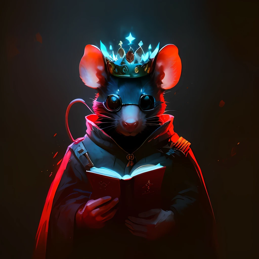 There is a mouse wearing a crown and reading a book, rei do rato, rato com coroa, anthropomorphic rat, Cyberpunk Mouse Folk Engenheiro, Retrato de um cientista louco por ratos, An anthropomorphic mouse, anthropomorphic mouse, Wojtek FUS, Guilherme H. Pongiluppi, Beeple e Jeremias Ketner adicione chamas roxas e troque o vermelho