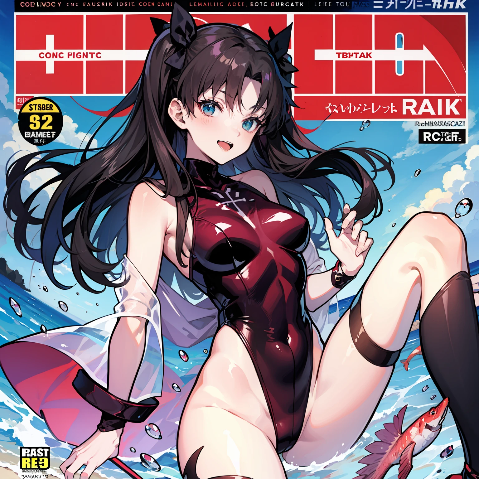 Tohsaka Rin,Comic cover style,Comic title,highest quality,Ocean park,having fun,Slim and healthy body,Sexy transparent openwork tights,Fleshy thighs are cool,stocklings