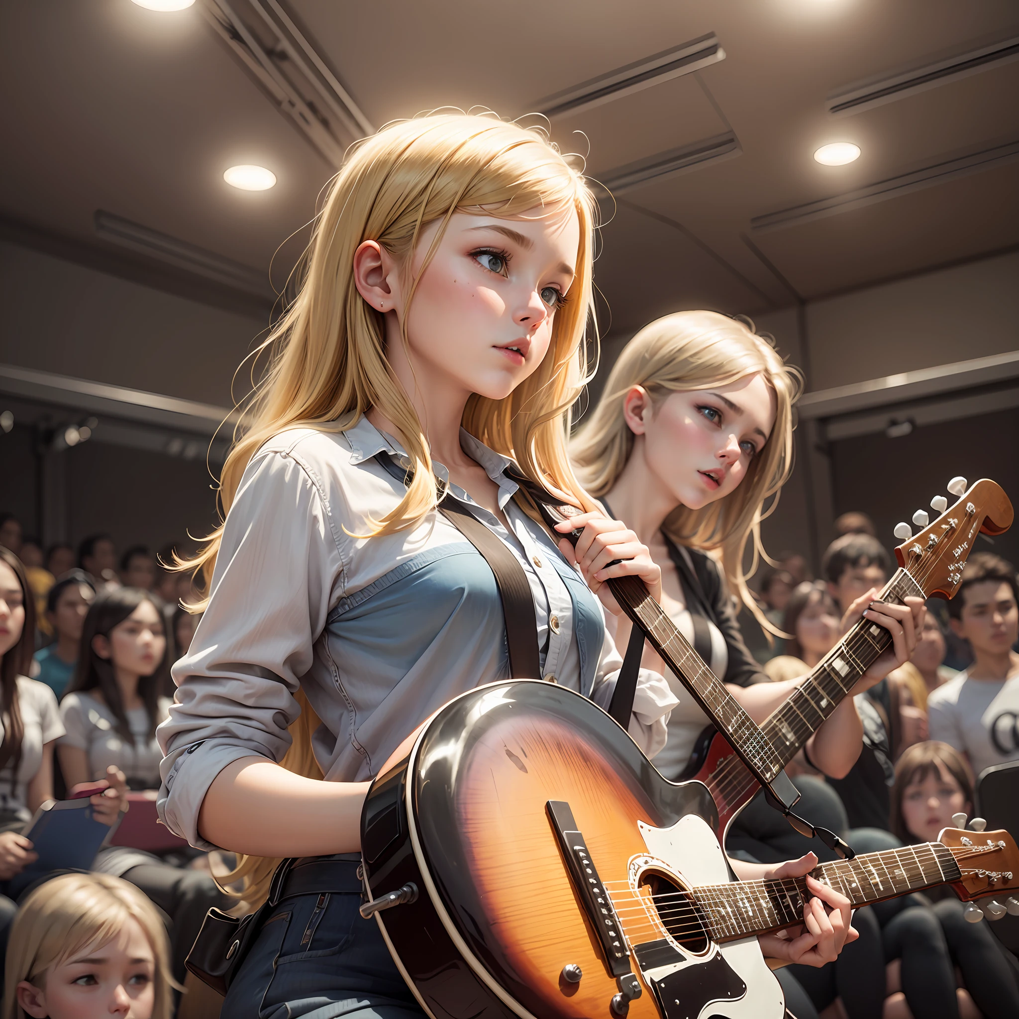 femele,Long legs,whaite hair,long whitr hair,blackstockings,Playing guitar,Delicatemakeup,Wear a black dress --auto