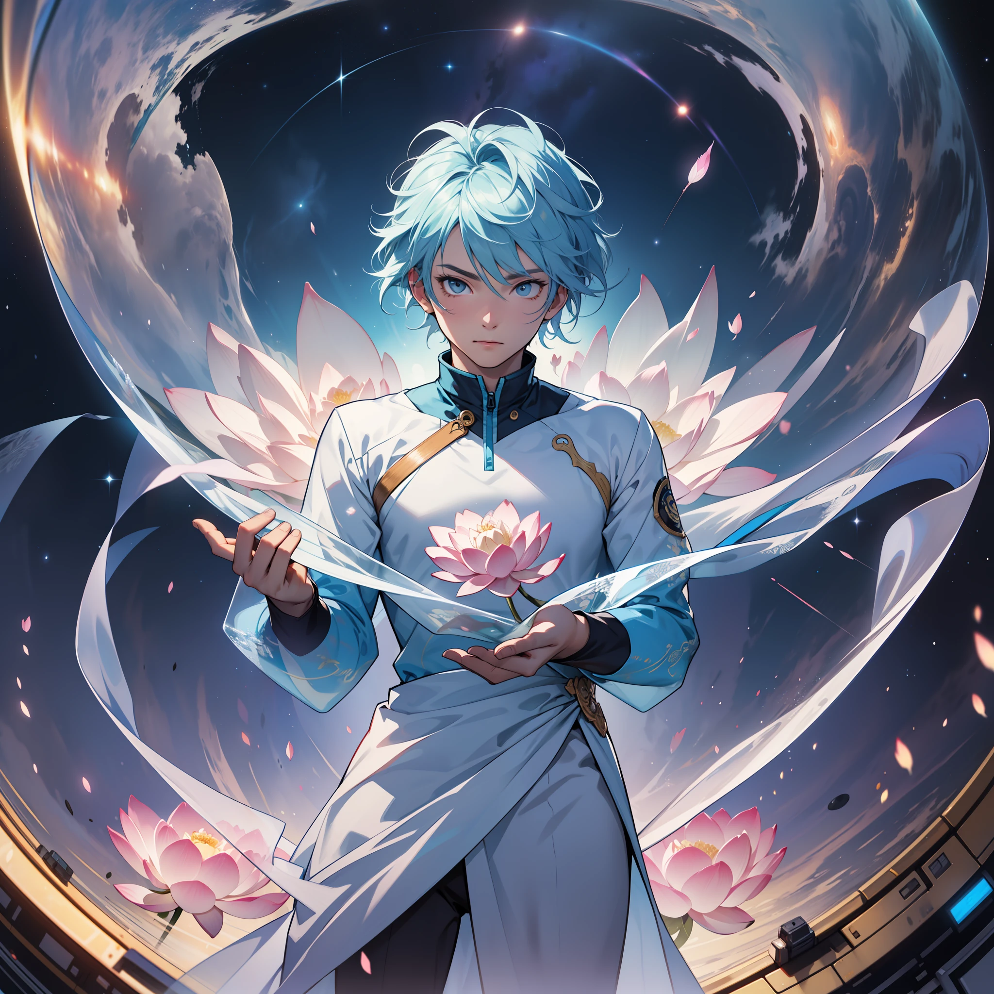 One guy，Through the bright and transparent foam clothes，Floating in space，Holding a frozen lotus flower，In the field of free vision，Dynamic shooting angles，Present a panoramic and detailed presentation。