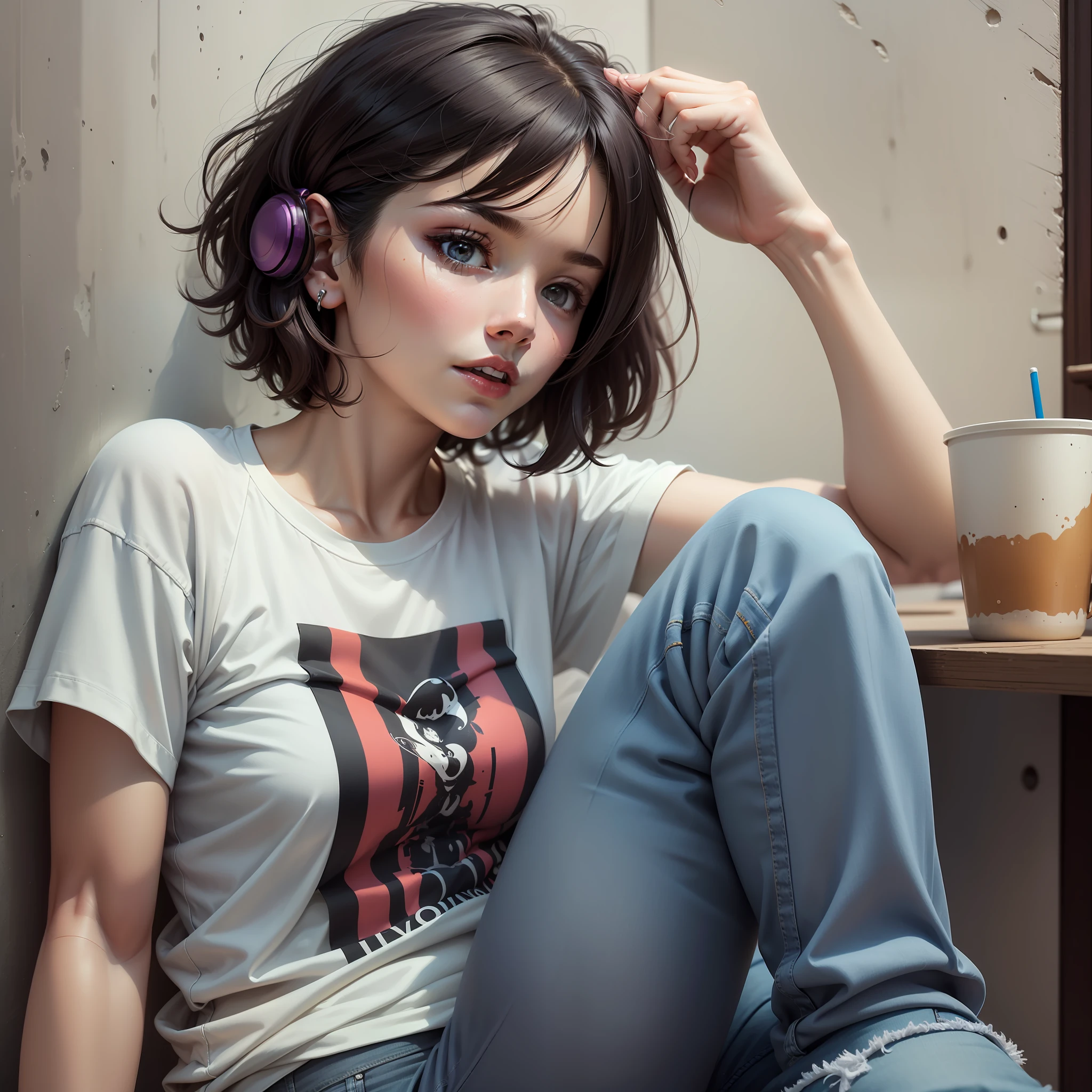 One was wearing a T-shirt and jeans,A woman with short hair over her ears