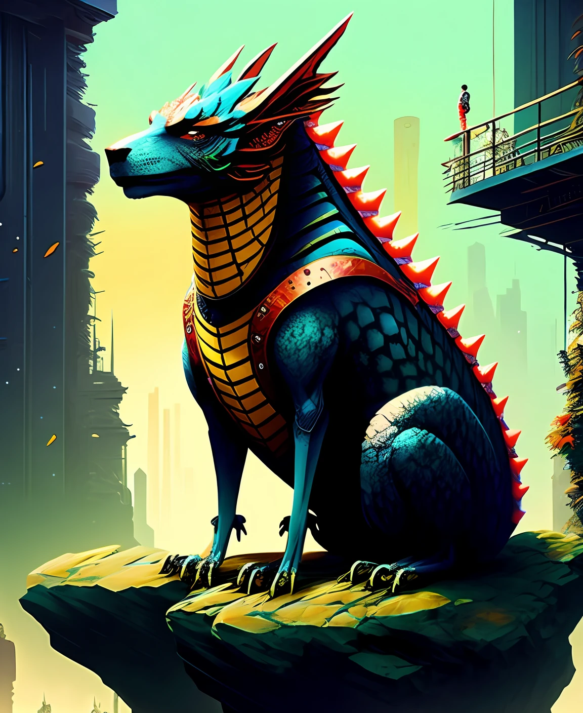 Genshin Zhongli male, in the cyberpunk painting style, there is a rock dragon behind the rock gun