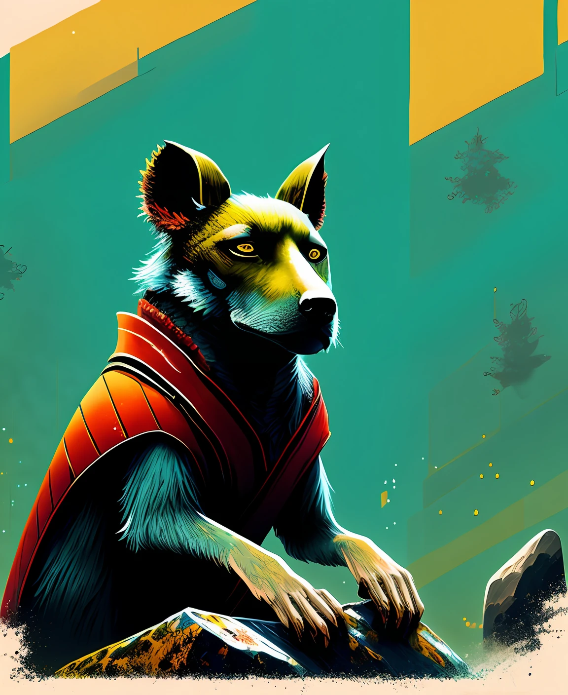 Genshin Zhongli male, in the cyberpunk painting style, there is a rock dragon behind the rock gun