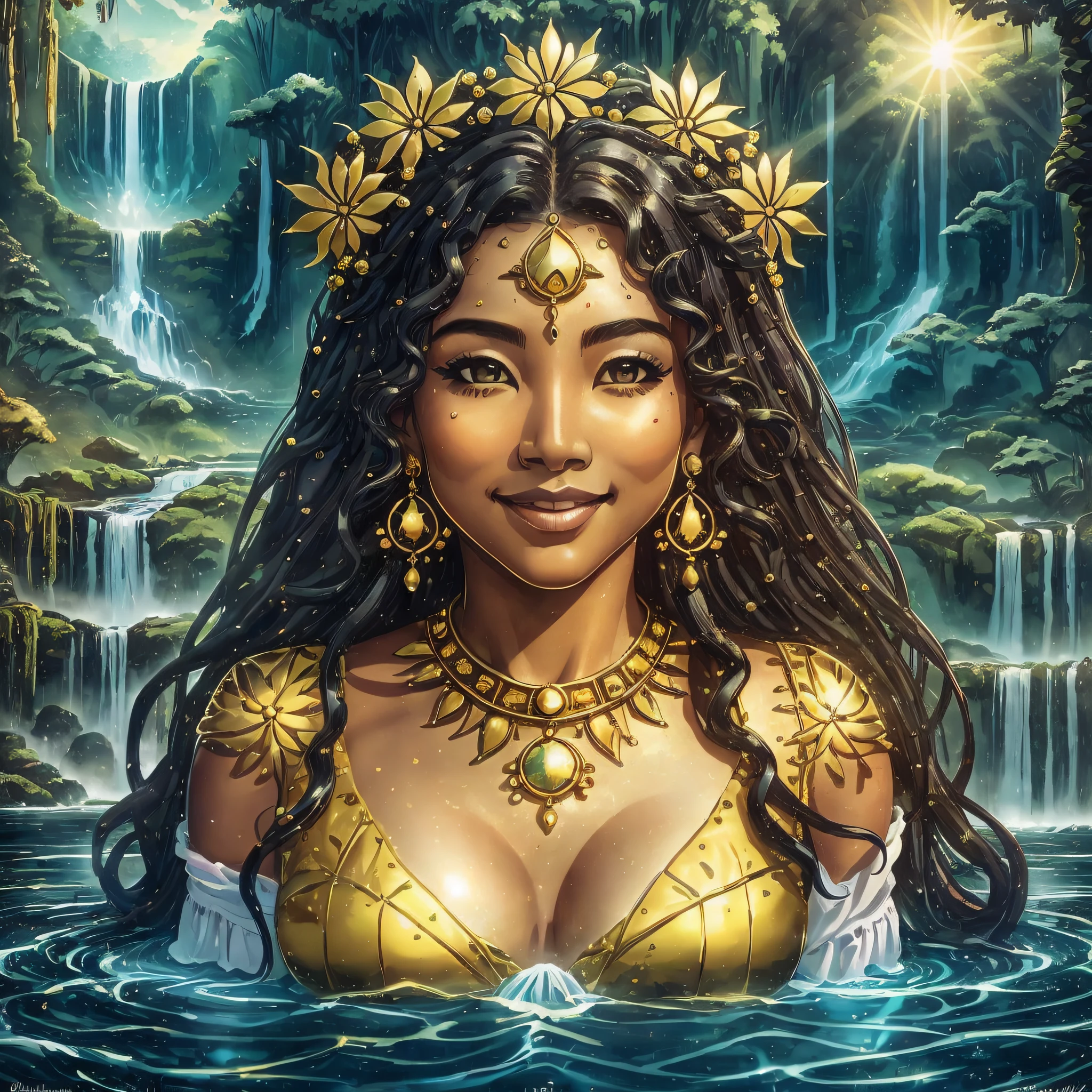 Oxum, the Orisha of fresh waters, radiates a captivating beauty. Her black skin glows with a golden glow, reflecting the sunlight off the waters. Her curly hair, adorned with delicate gold ornaments, frames her serene face. His eyes, deep as the currents, exhibit a mixture of sweetness and determination. Dressed in a vibrant yellow fabric costume, symbolizing prosperity and solar energy, Oxum embodies radiant and powerful femininity. Her welcoming smile conveys love and healing. She is the mother of the waters, the guardian of fertility and the protector of life. Waterfall in the background. Bust portrait