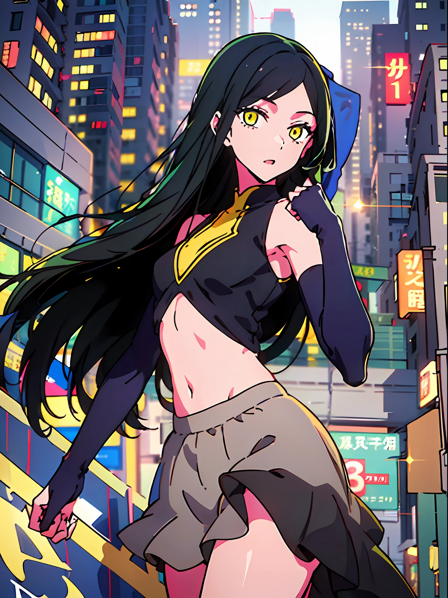 1girl, (solo:1.2), ((masterpiece)), slim, small chest, pale skin, ((detailed eyes)), (bokeh effect), (dynamic angle), dynamic pose, yellow eyes, black hair, long hair, (crop top), (long skirt), (elbow gloves), kabukicho