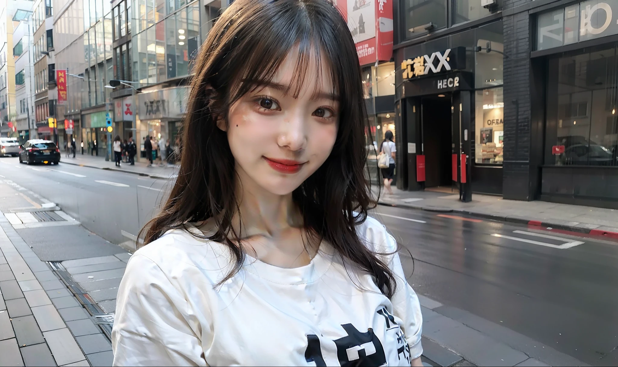 beautiful japanese female,huge tit,tshirts,a smile,In the street
