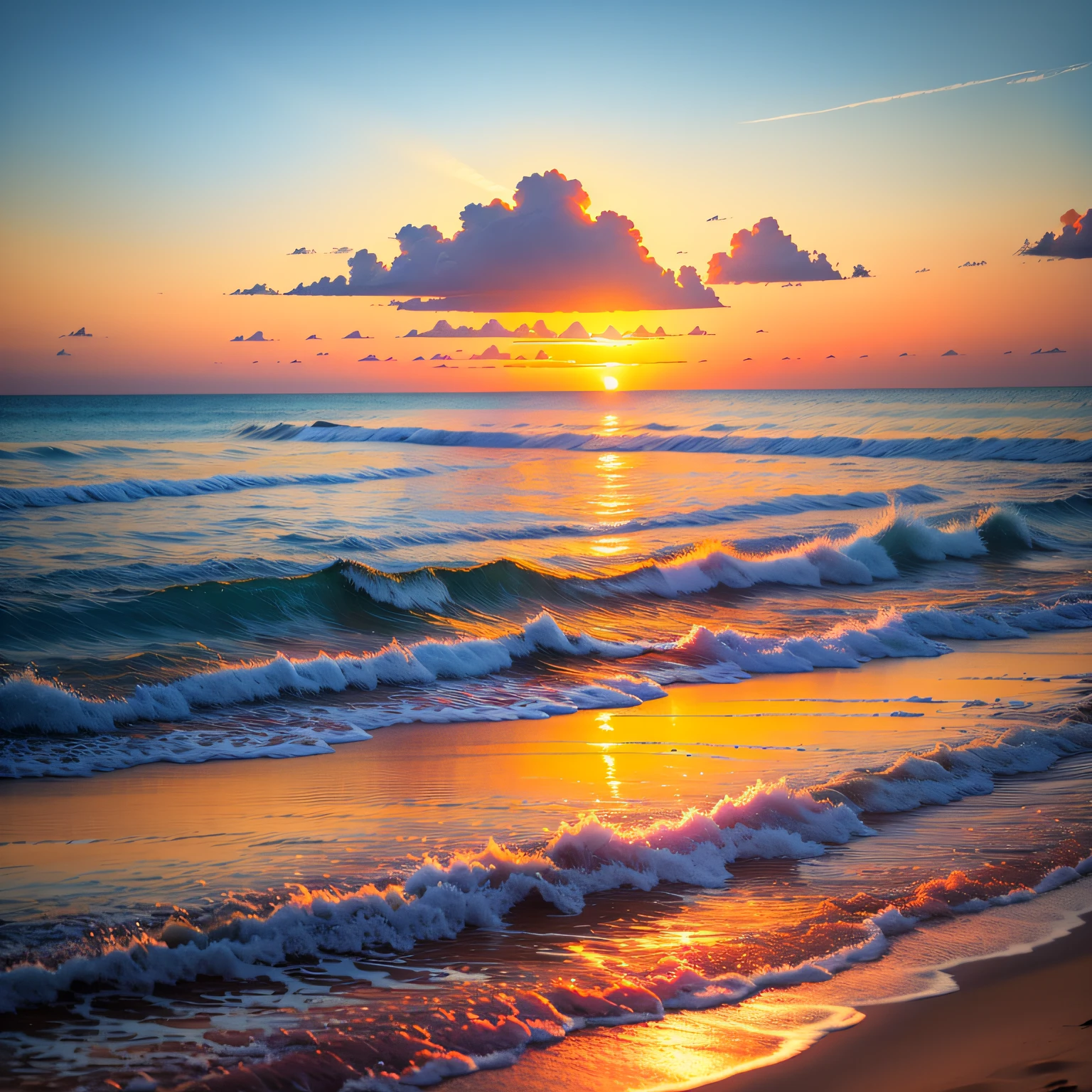 A serene sunset over a beach, with golden hues reflecting on the calm waters. --auto
