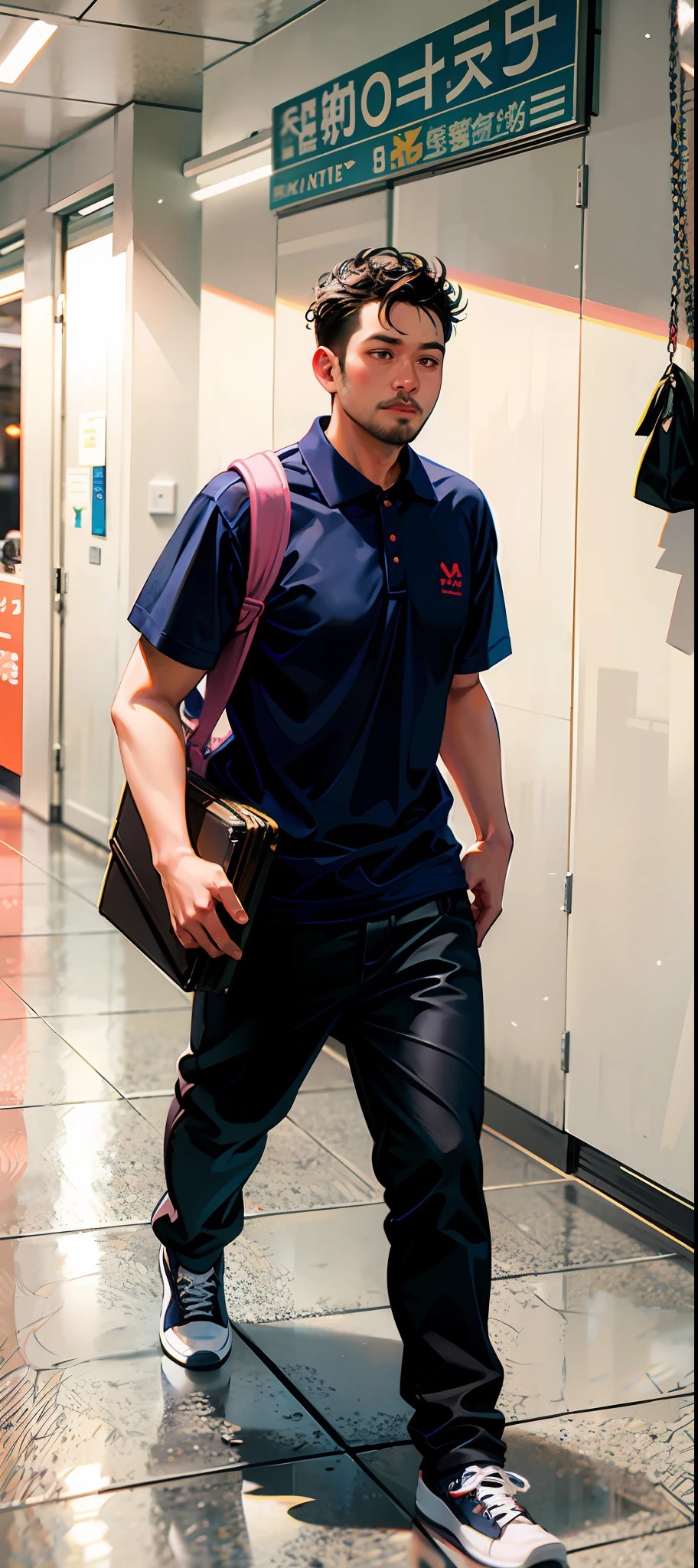 There was a man walking down the hallway carrying a suitcase, wearing a dark blue polo shirt, Wearing a polo shirt, he is wearing a black t-shirt, 3 2 - year - old man, jinyiwei, 38 years old, xiaofan zhang, 3 , 2 9 years old old, 2 7 years