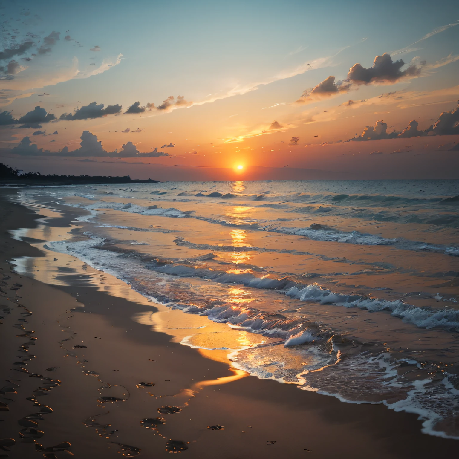 A serene sunset over a beach, with golden hues reflecting on the calm waters. --auto