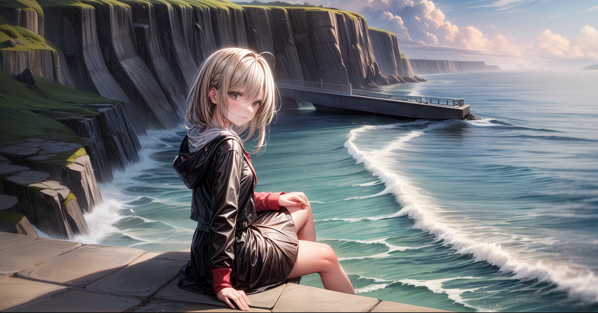 a girl, sitting on the shore of the breakwater, the waves crashing against the sea foam, the bright sunlight behind the waves