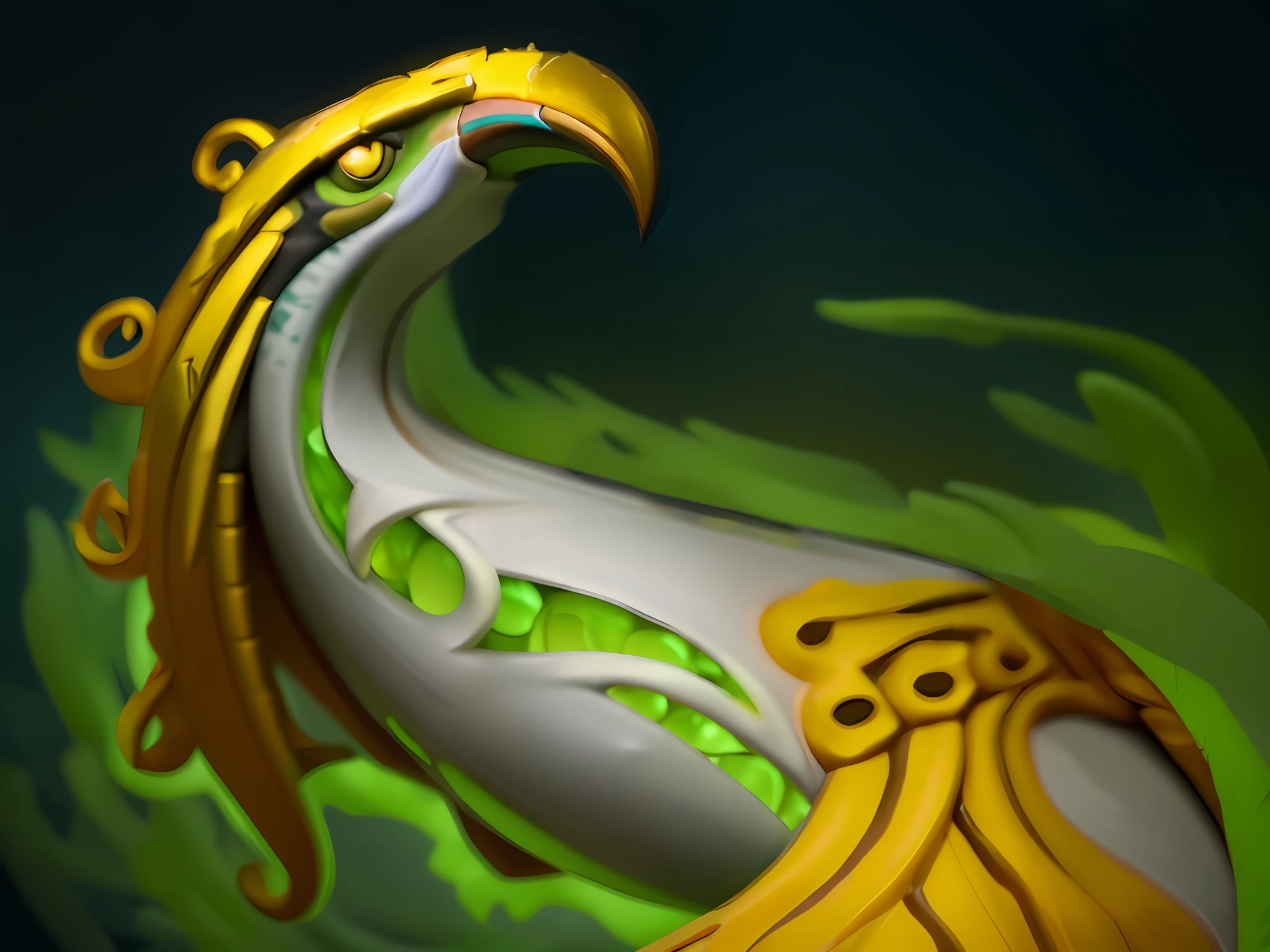 No artifact blur，ultraclear，8K，Stylized eagle head with a gold crown on his head, A close-up of a bow and arrow part, nagas, Avatar image, a druid, ethereal eel, gold green creature, astri lohne, stylised painting, painted in the style arcane, emerald herald, inspired by Luo Mu, sarenrae, mage robe based on a toucan, brown tanned skin，