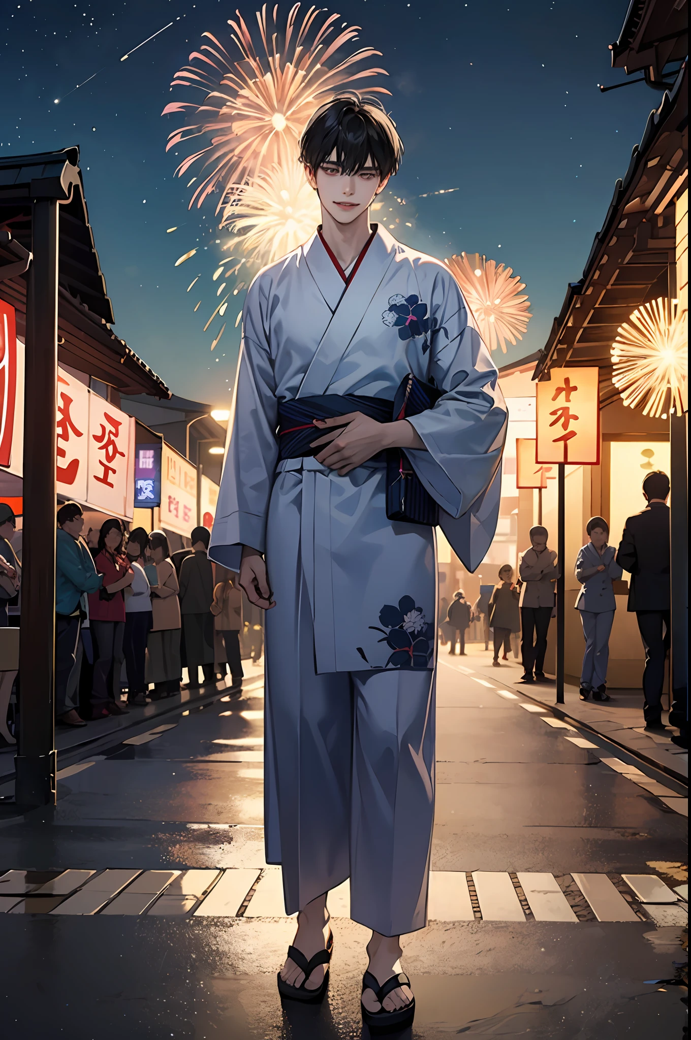 Standing on a street corner(((1 boy)))((full body seen))、Summer Festival Night、Fireworks Festival、natta、He's a man。Far from the viewer。 He is beautiful like the Korean idol hyunjin、Sexy and young。 He is slender and、tall and、The style is good。 He has black hair that is parted in the center.、It has shiny smooth hair.。 He's grinning。He cranes his head to look at us.。 He wears a yukata。