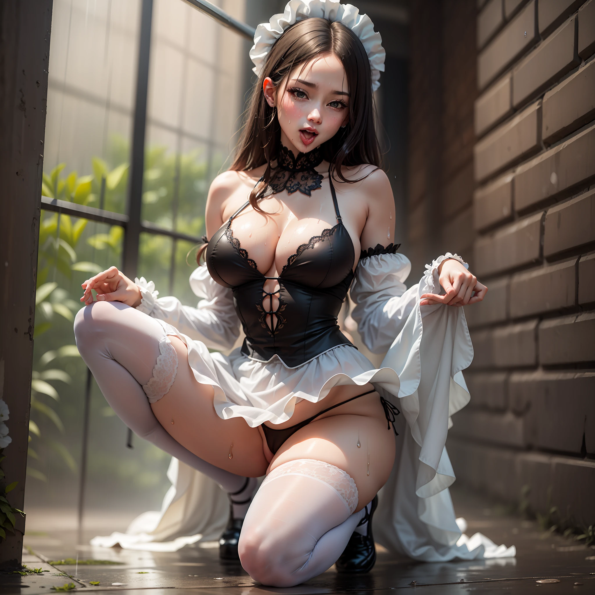 (best qualtiy,tmasterpiece),the detail,A girl kneels on the ground,kneels on the ground,Lift the skirt to reveal her panties,Transparent panties,See-through installation,Panties are soaked and dripping,soak,Soaked all over,Panties dripping,Panties are soaked,Just after the rain,Rained,gigantic cleavage breasts,Bigboobs,Slender waist,Slim figure,big assa,the maid outfit,Maid outfit,sideface,little bit of raining,white stockings,ssmile,Beautiful girl,Raised sexy,seductiv,Charming body,Look up,rise,The mouth is open and the tongue is sticking out,Stick out your tongue