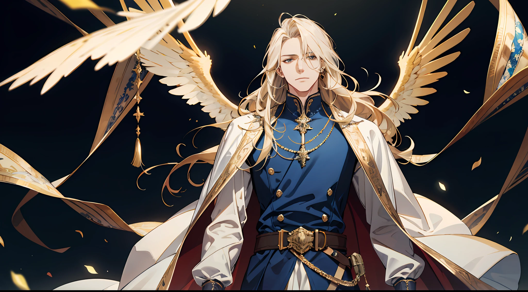 (absurderes,A high resolution),(1 male),Middle-aged,(golden hair),(long whitr hair),(Dress in blue and white),Golden decoration,(large tall),Wings,Background medieval town,Powerful,Majestic,Intense luster,Dress in white and gold,Beautifully dressed,streamer,magia,