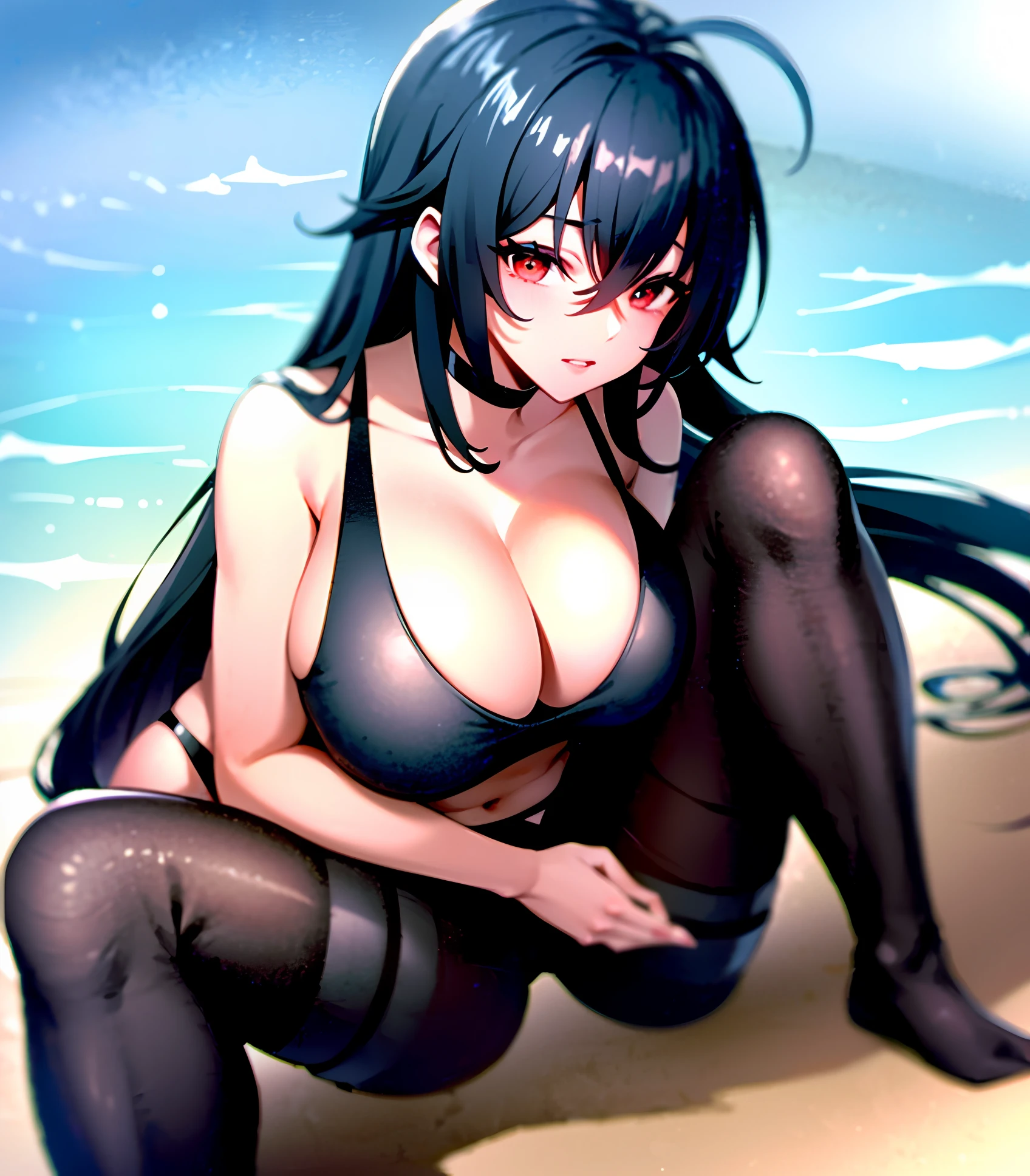 39-year-old woman in two-piece swimsuit mishing buttocks black hair crouching beach touching