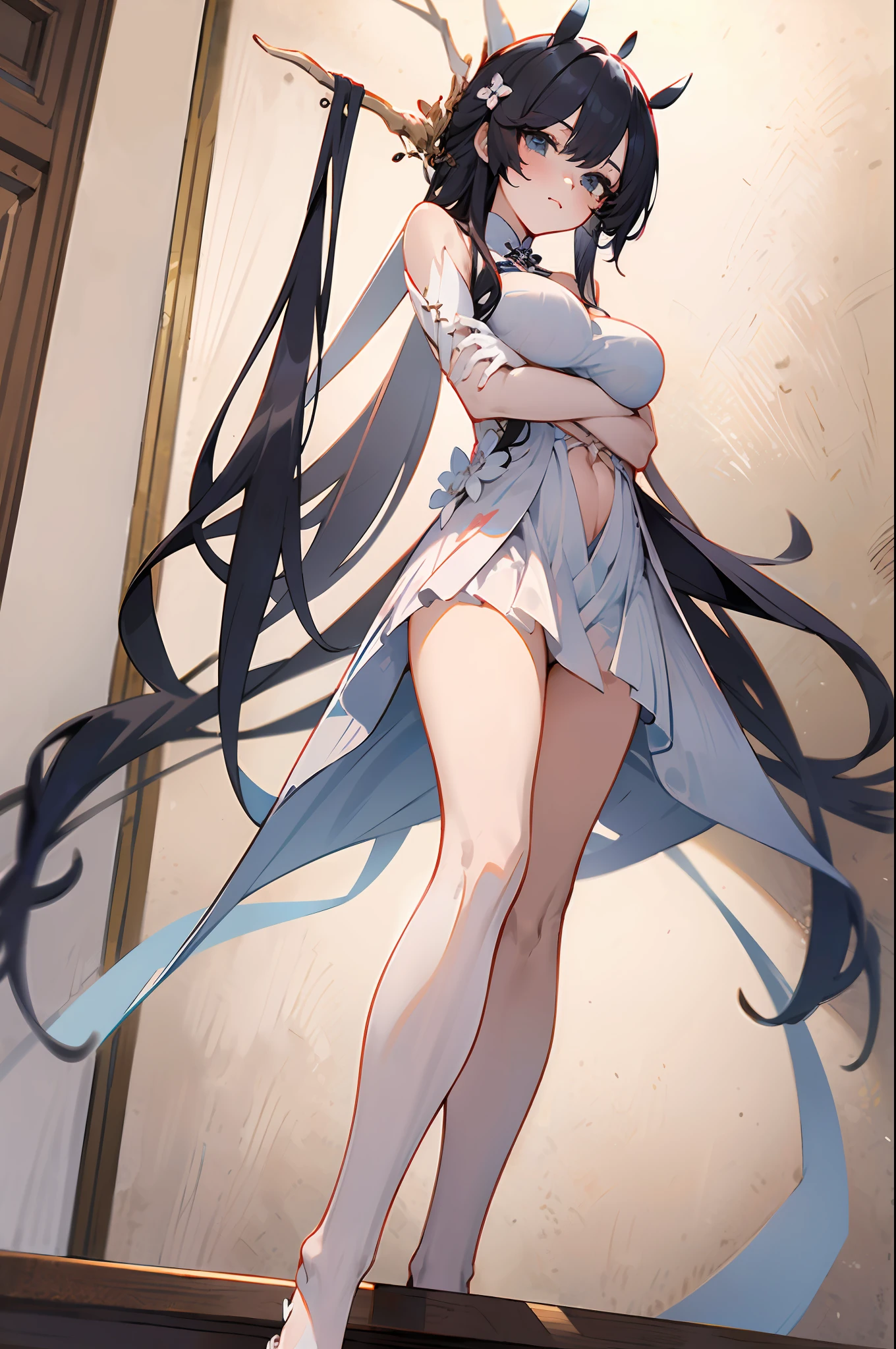 pale-blonde hair,Sky blue eyes,Girl in cheongsam\(azur lane\), \(primitive\),white_dress,inside in room,from below, looking at viewert, Be red in the face, sitted, Foot focus, arms on the sides, tmasterpiece, Best quality at best, Extremely detailed face, Clear detail, hight contrast,