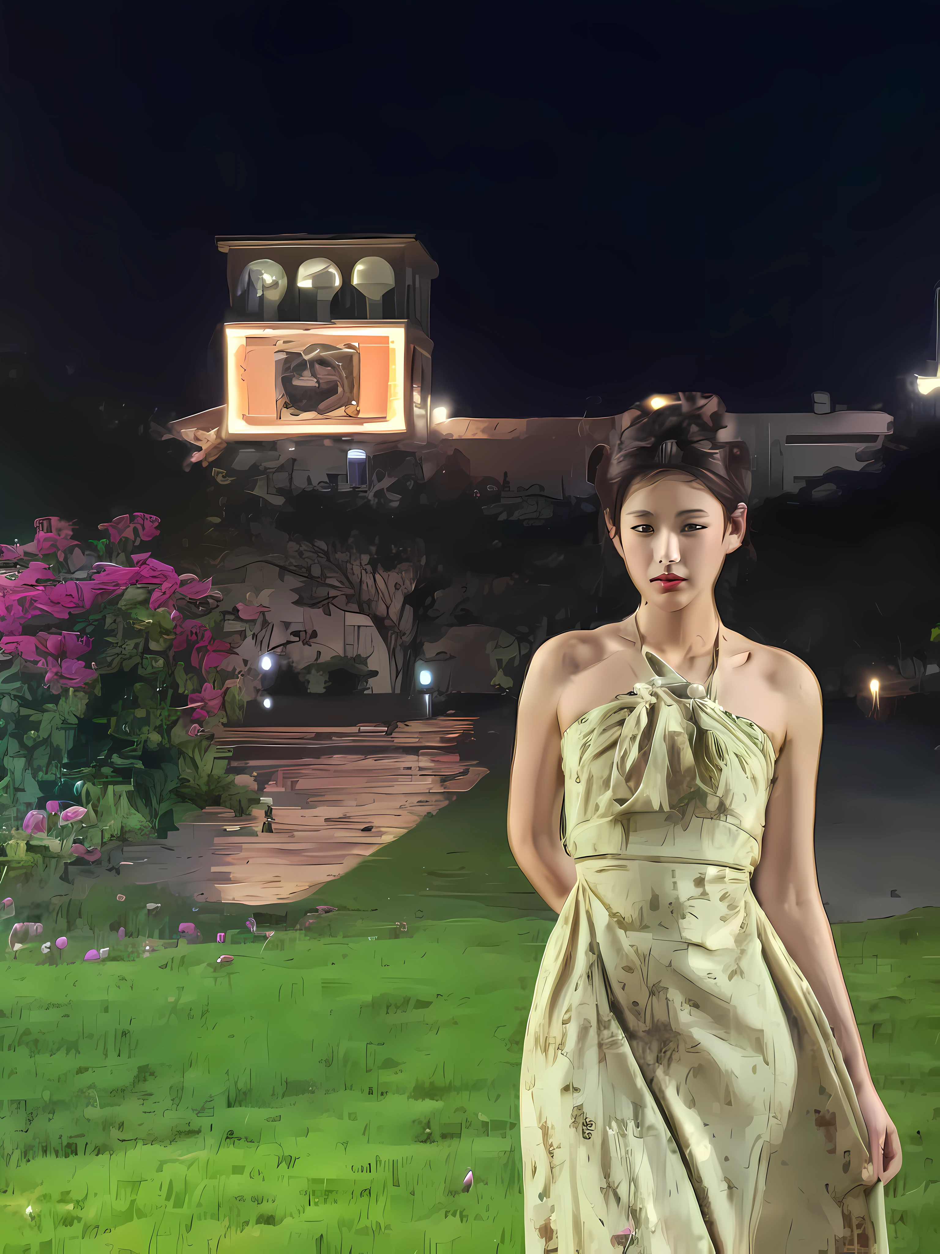 arafed woman in a dress standing in a grassy area, Muscular very developed,big breasts beautiful,prette,Korean girls --auto